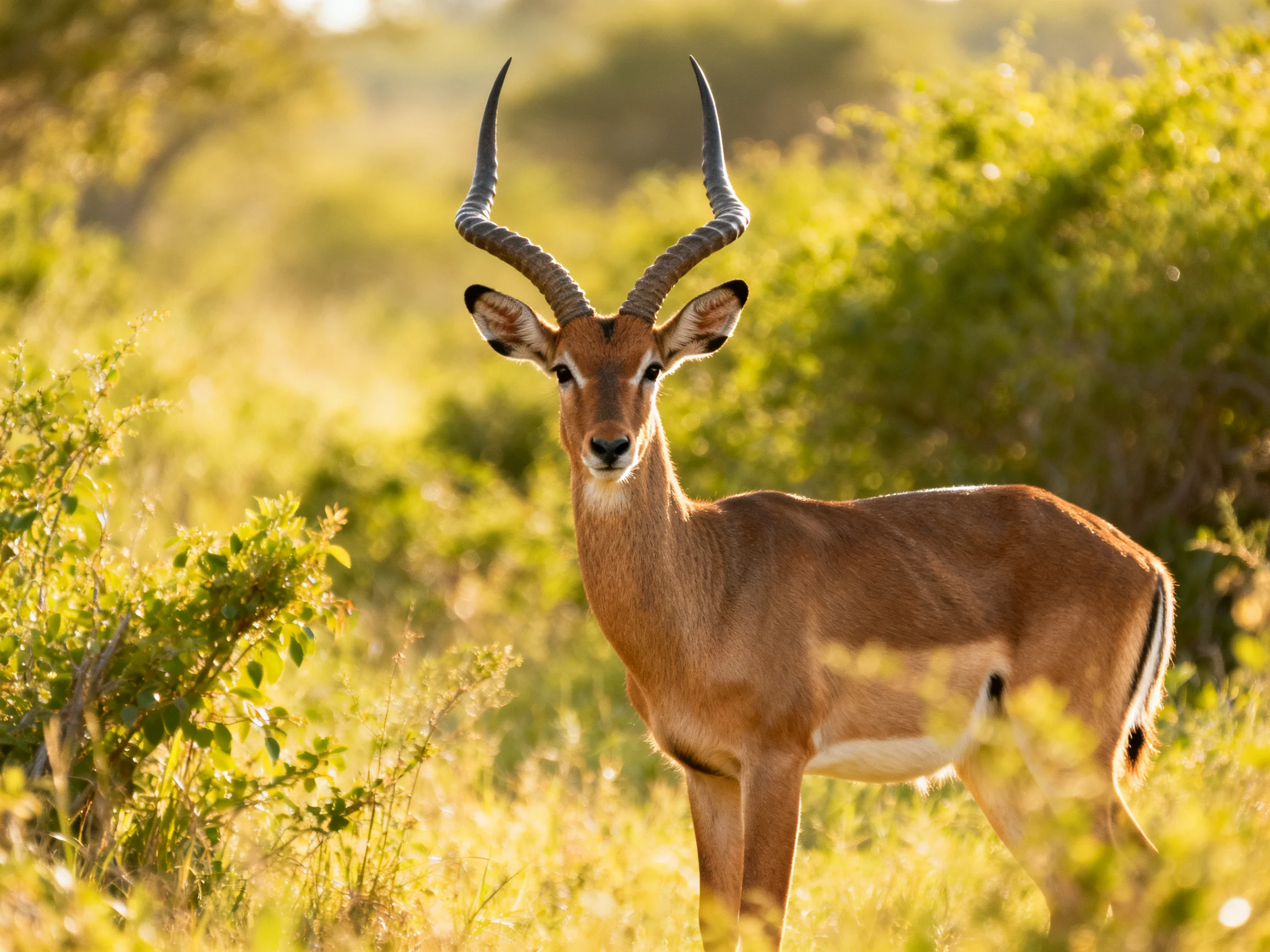 A single antelope with curved horns stands amid lush greenery