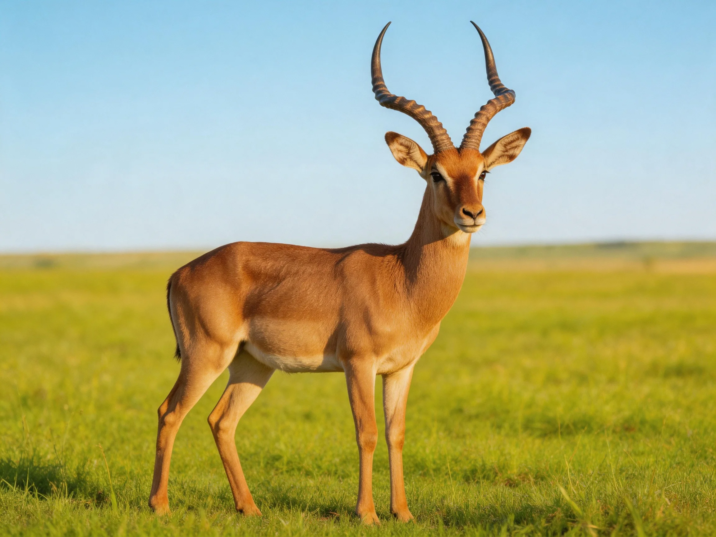 A single antelope with curved horns stands in a vast green meadow
