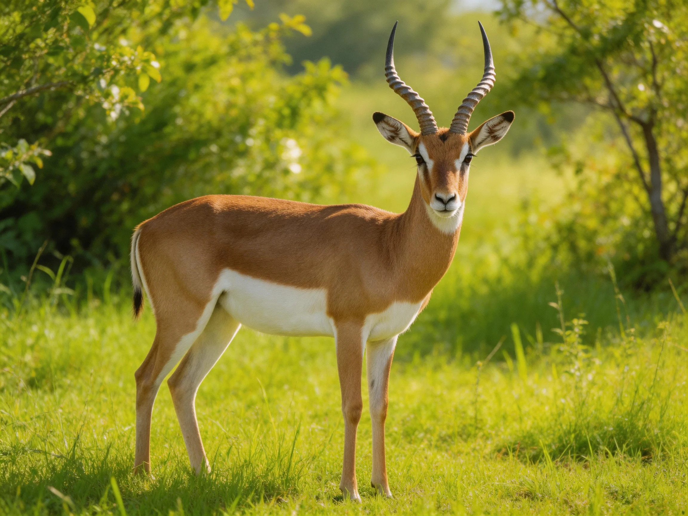 A single antelope with curved horns stands in lush green vegetation