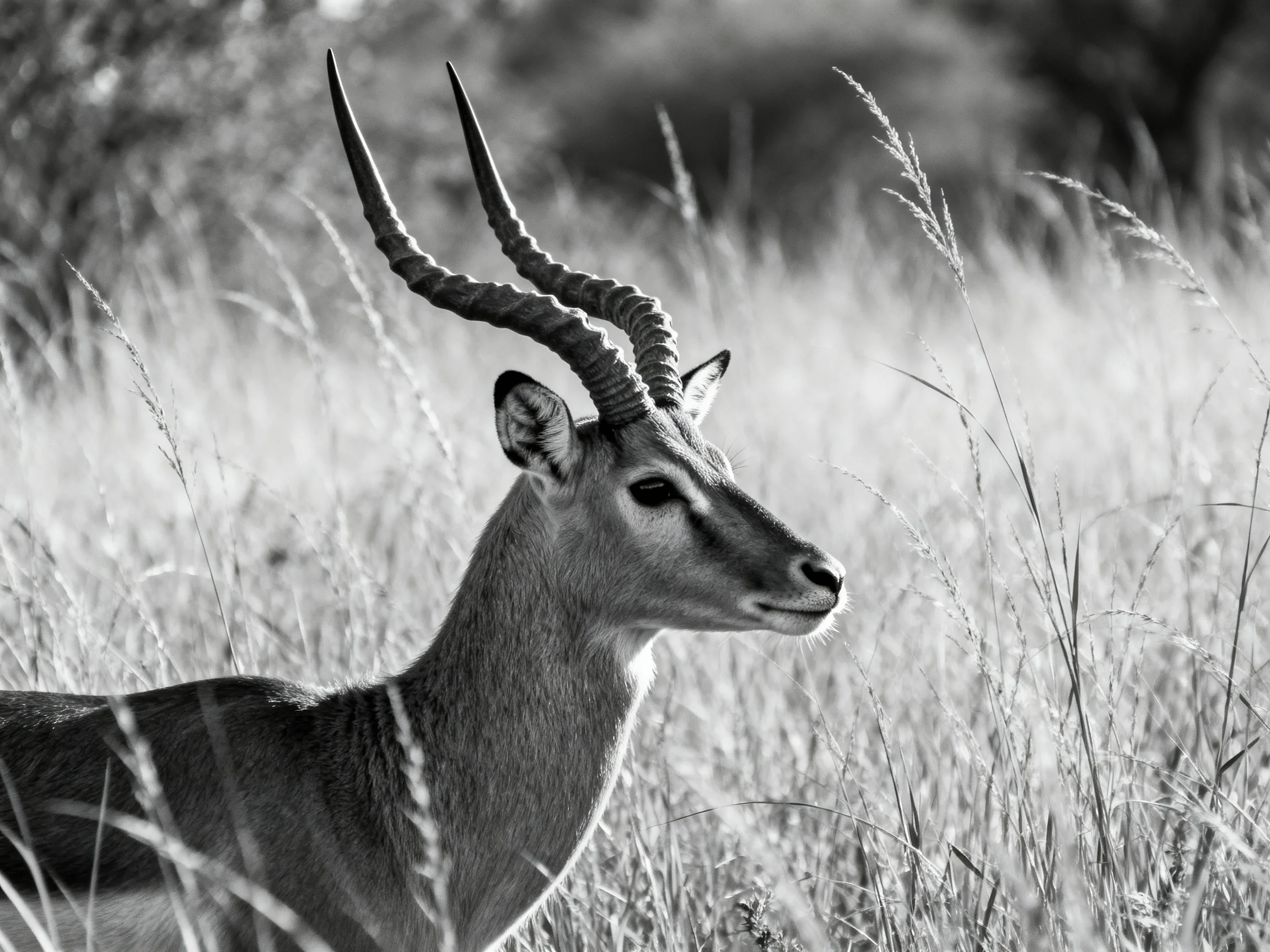 A single antelope with large curved horns amid tall grasses