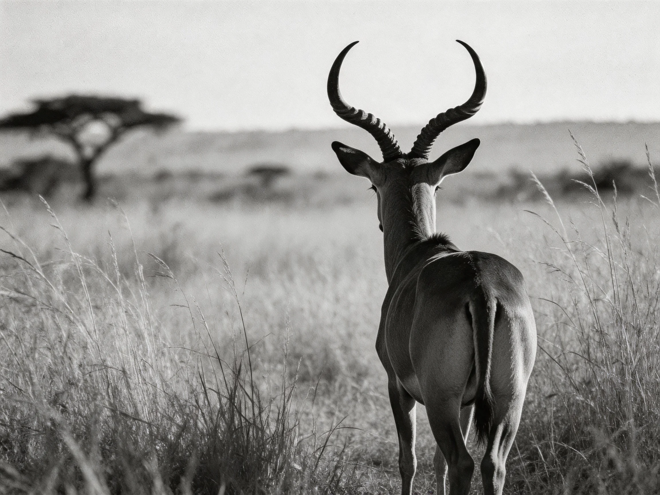 A single antelope with large curved horns stands in tall grassland