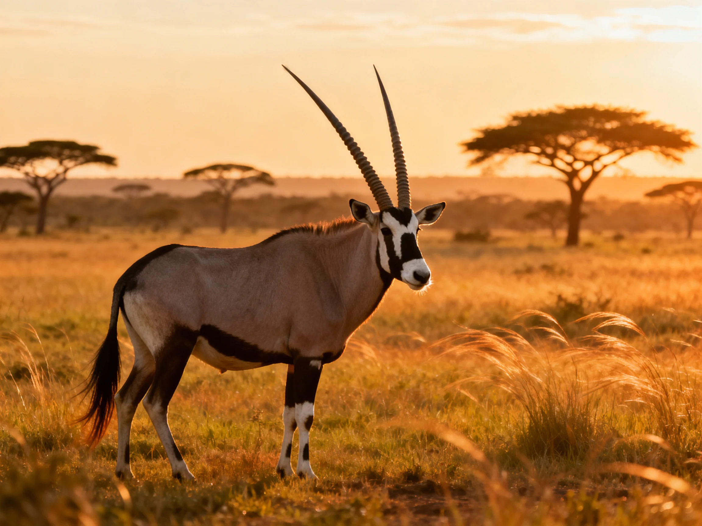 A single antelope with long horns in a golden savannah landscape