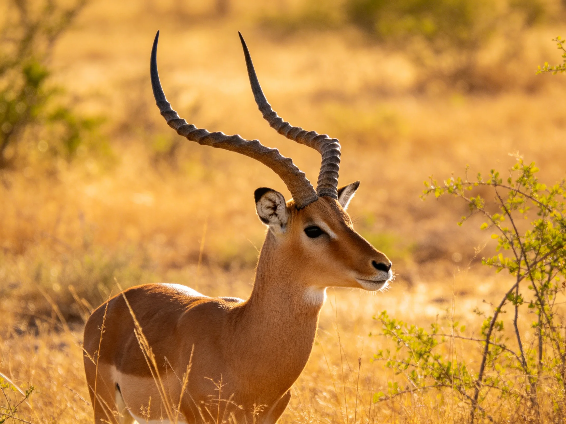 A single antelope with long twisted horns in golden savannah