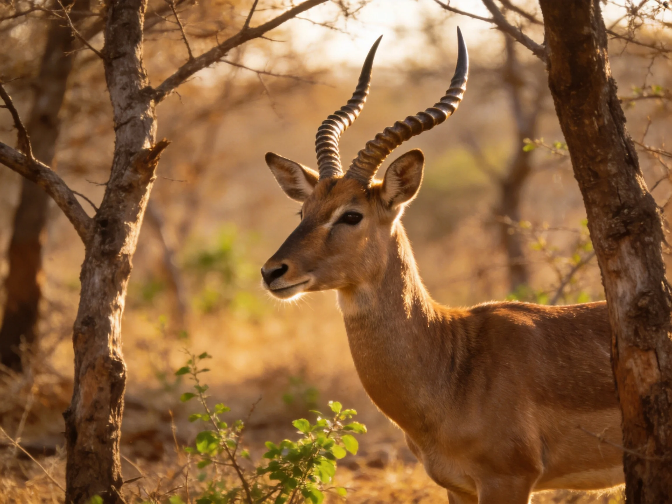 A single antelope with spiraled horns stands among dry trees in golden light
