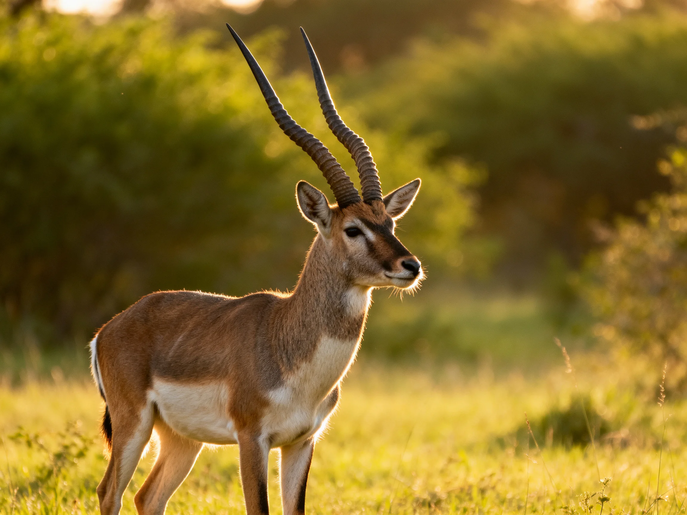 A single antelope with spiraled horns stands in a sunlit savannah