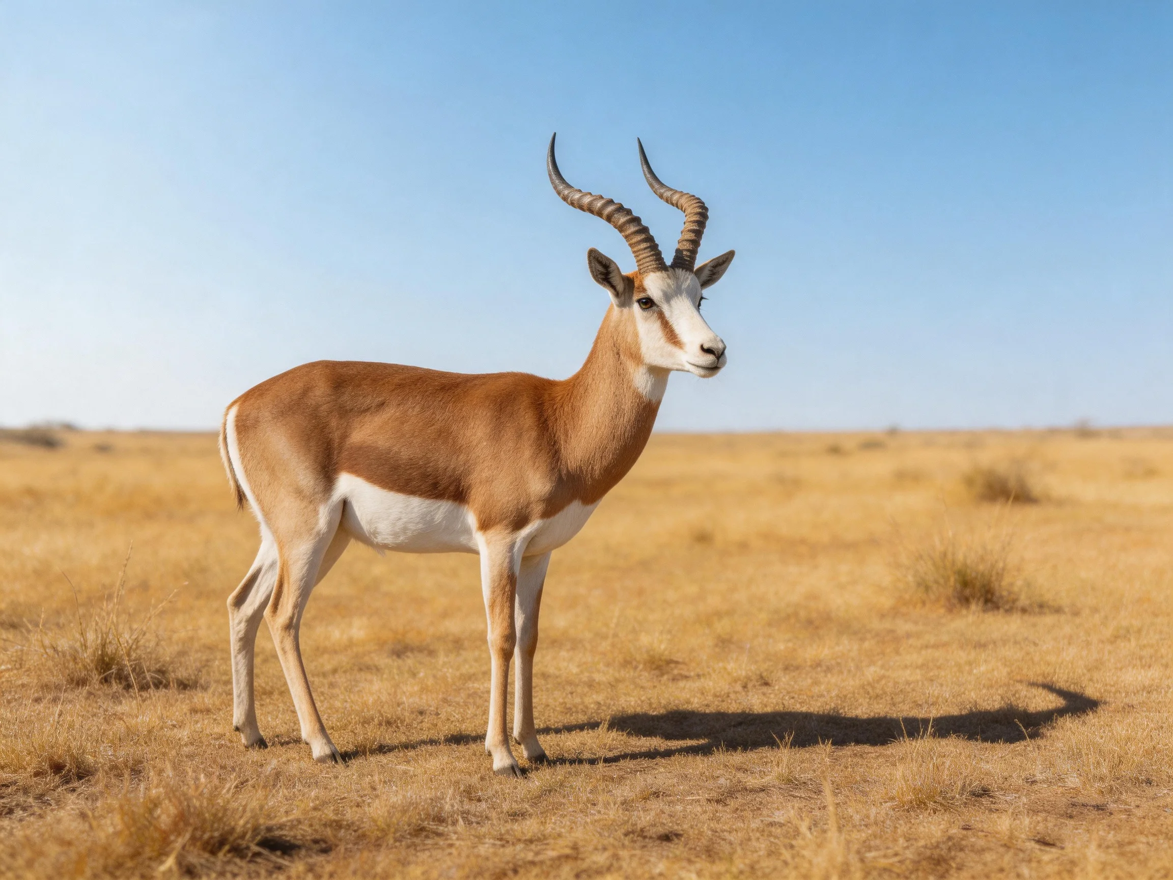 A single brown and white antelope in a vast golden plain