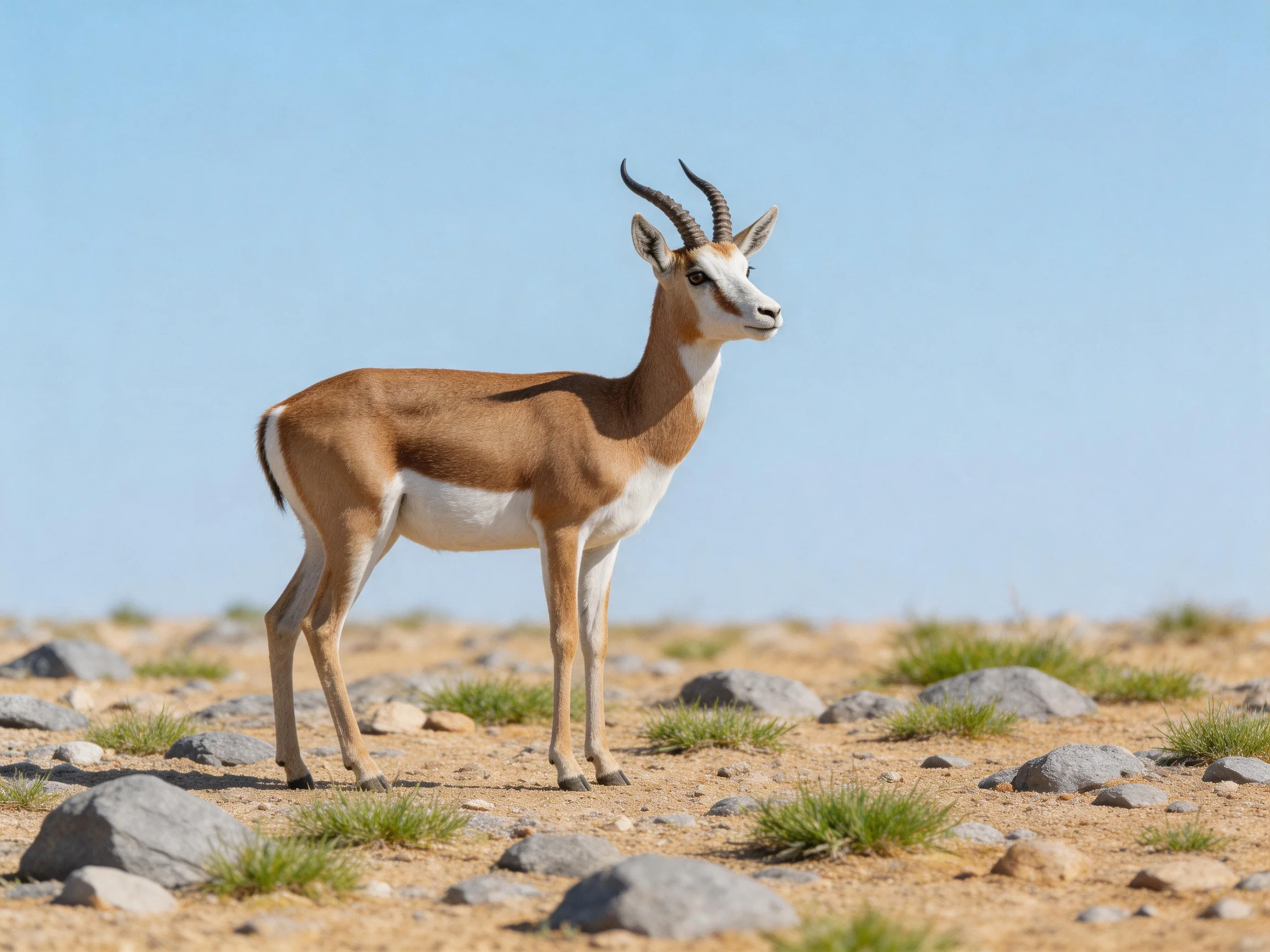 A brown-and-white antelope stands amidst rocks and sparse vegetation in a desert landscape.