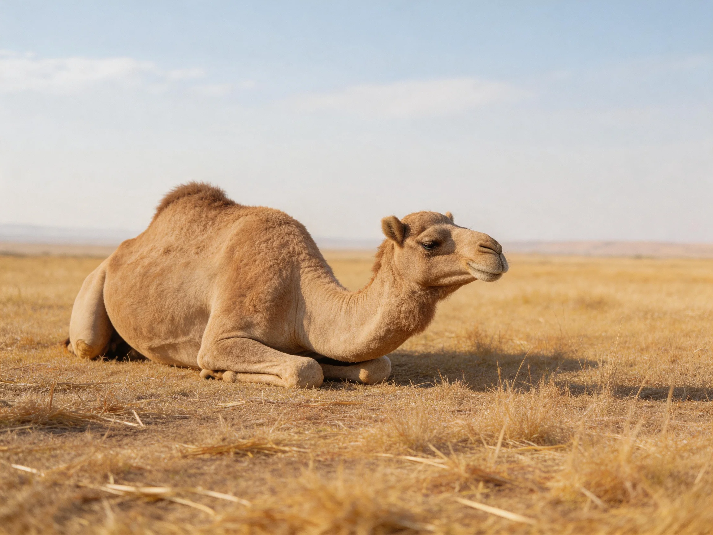 A single brown camel rests in a vast golden field.