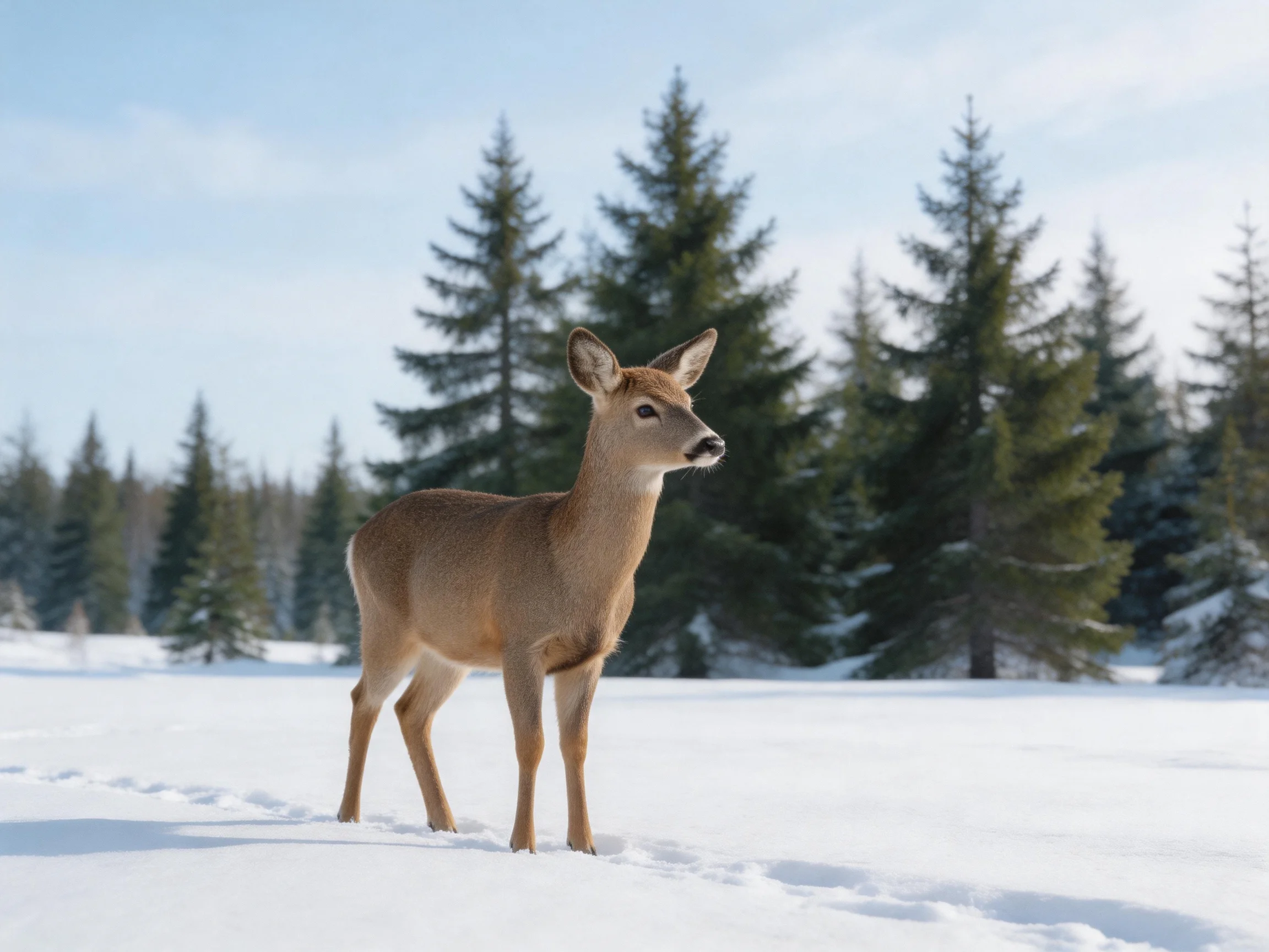 A single brown deer stands on snow-covered ground near evergreen trees