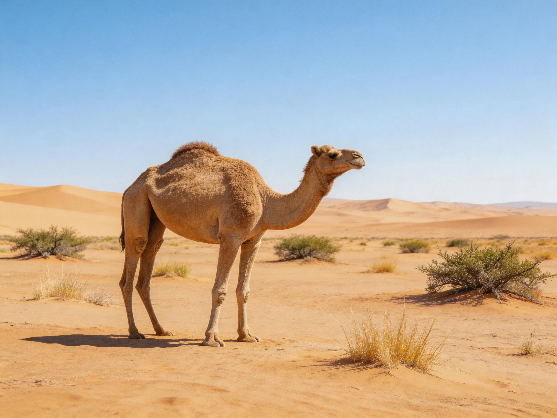 A single camel stands amid golden sand dunes under a clear blue sky