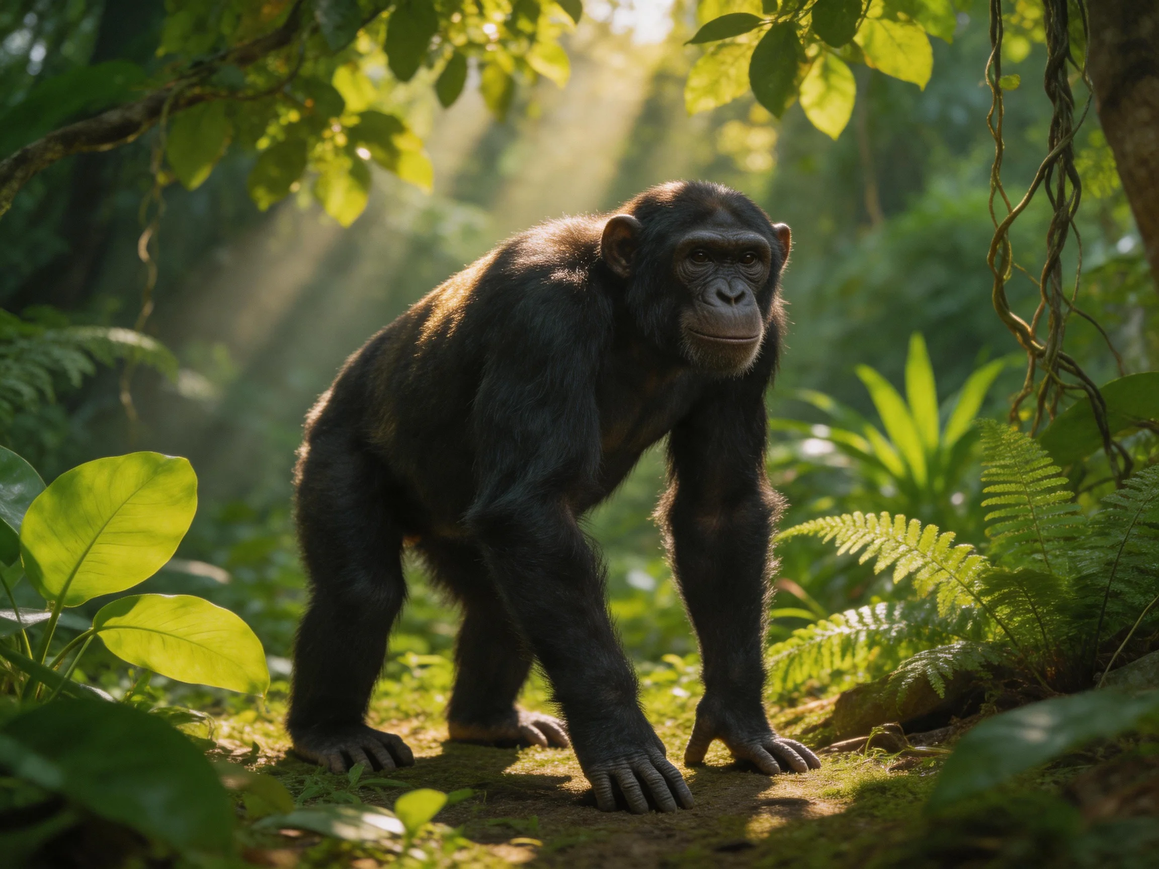 A single dark-furred chimpanzee explores a sunlit, lush forest.