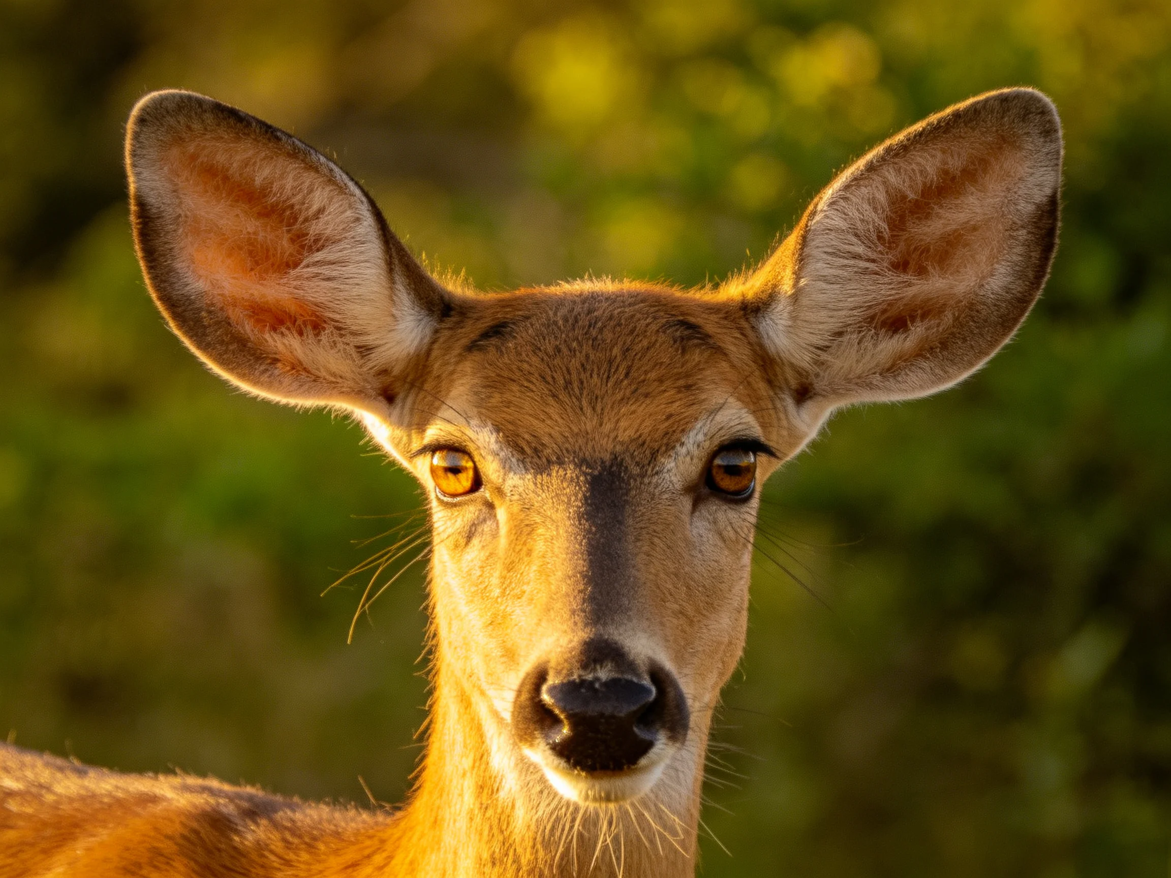 A single deer with large ears in a green environment lit by golden light