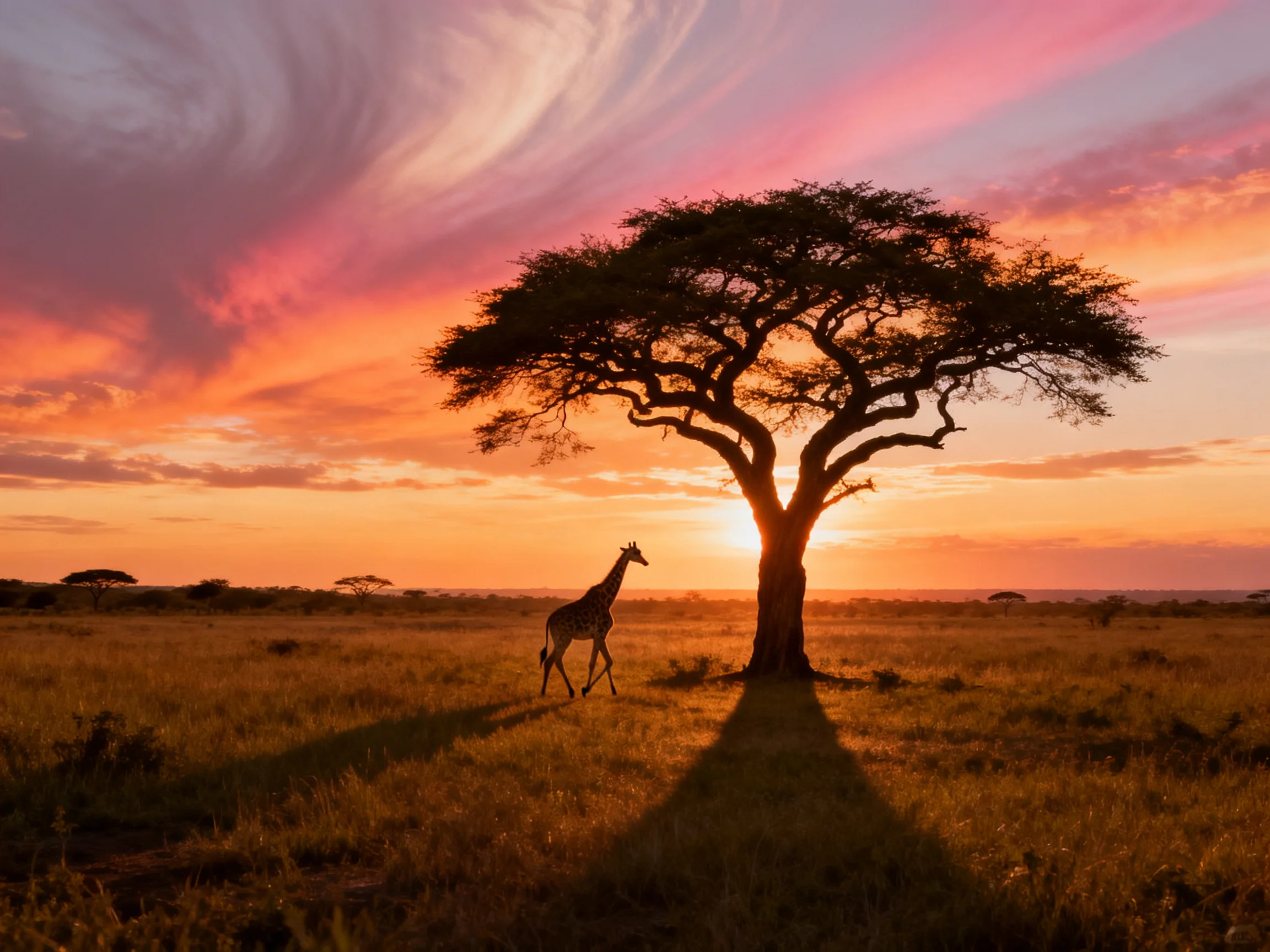 A giraffe walks near a big tree in a savannah during a bright sunset.