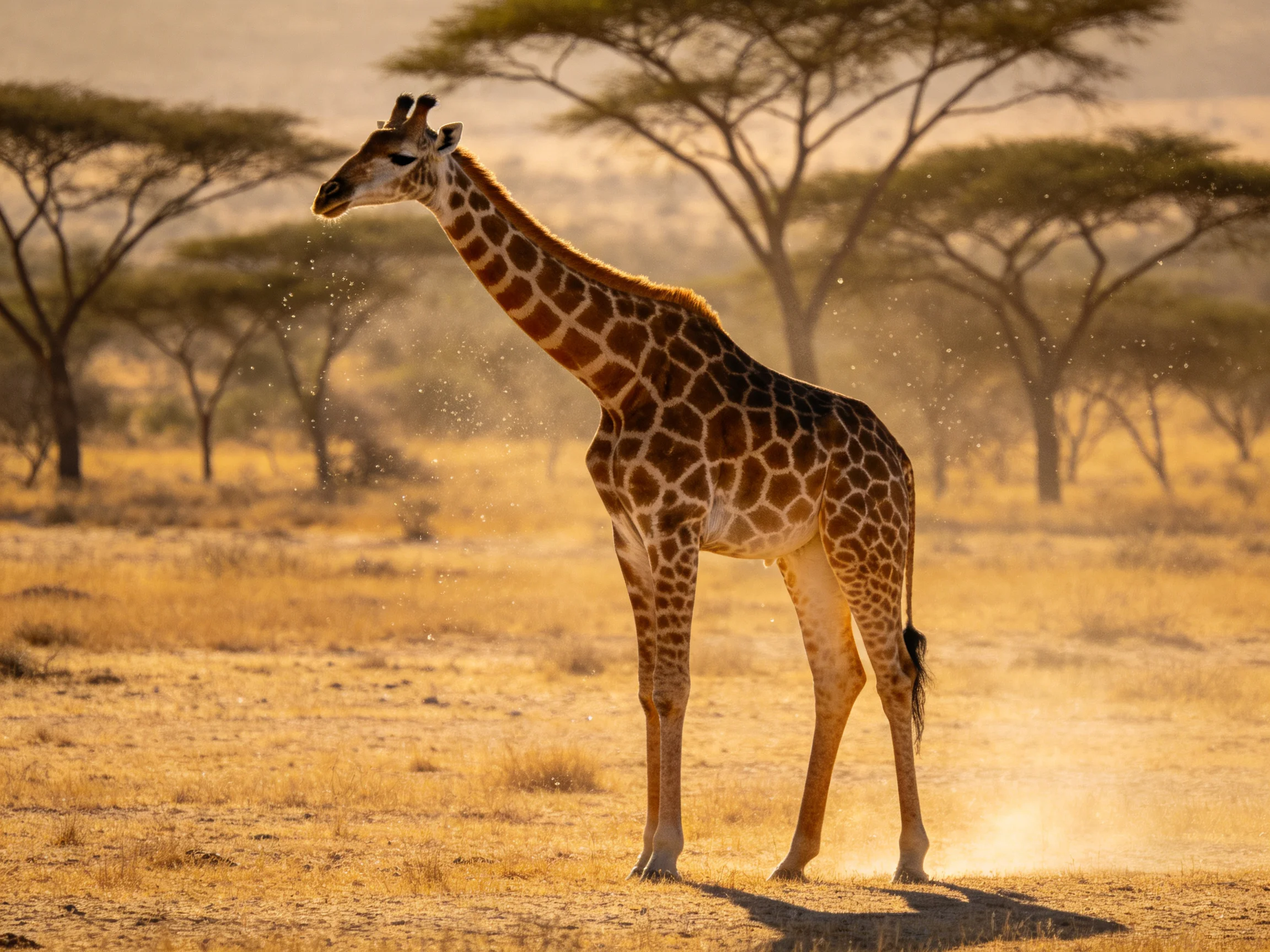 A single giraffe in a golden savannah with acacia trees