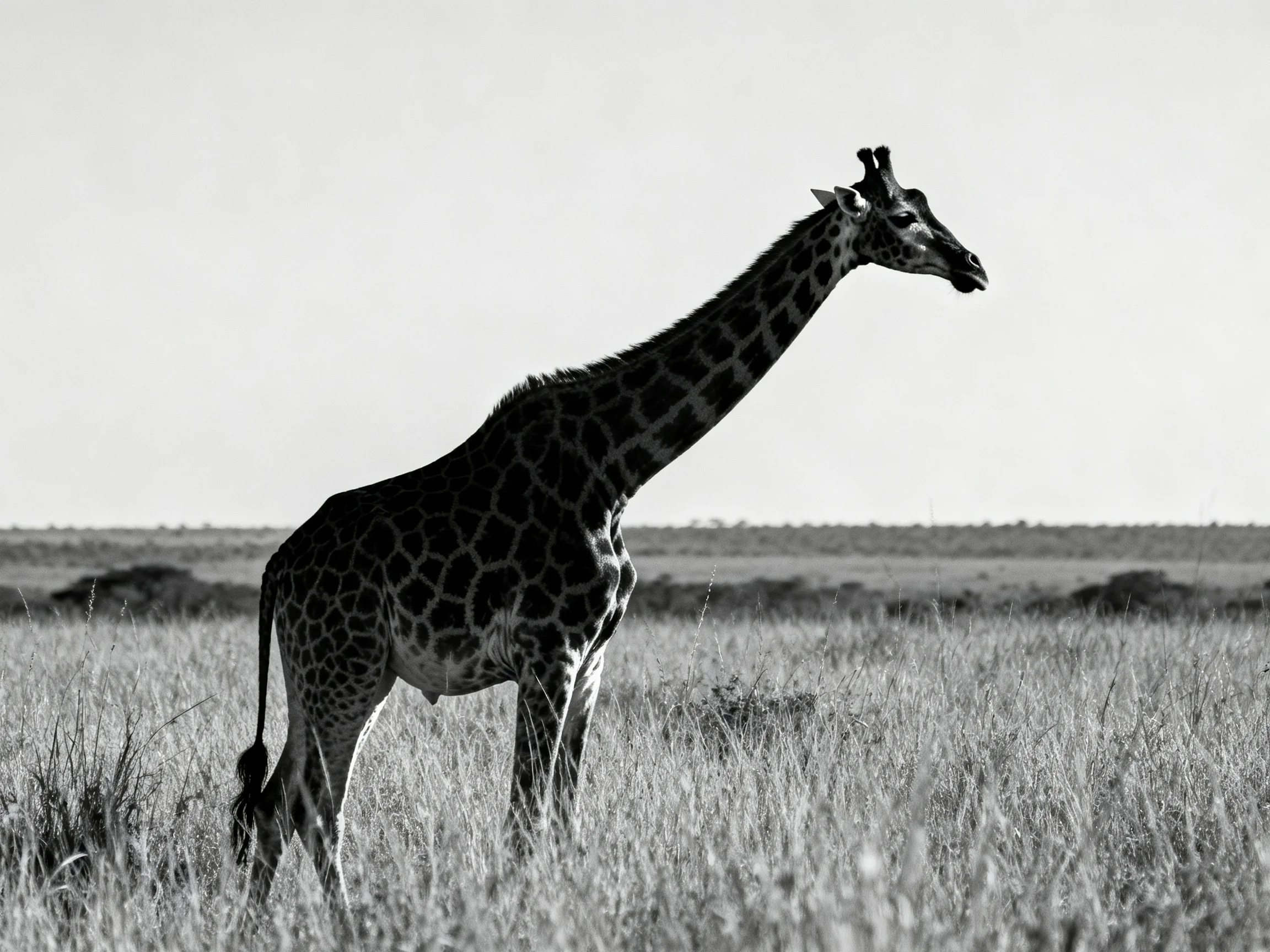 A single giraffe in an open savannah landscape
