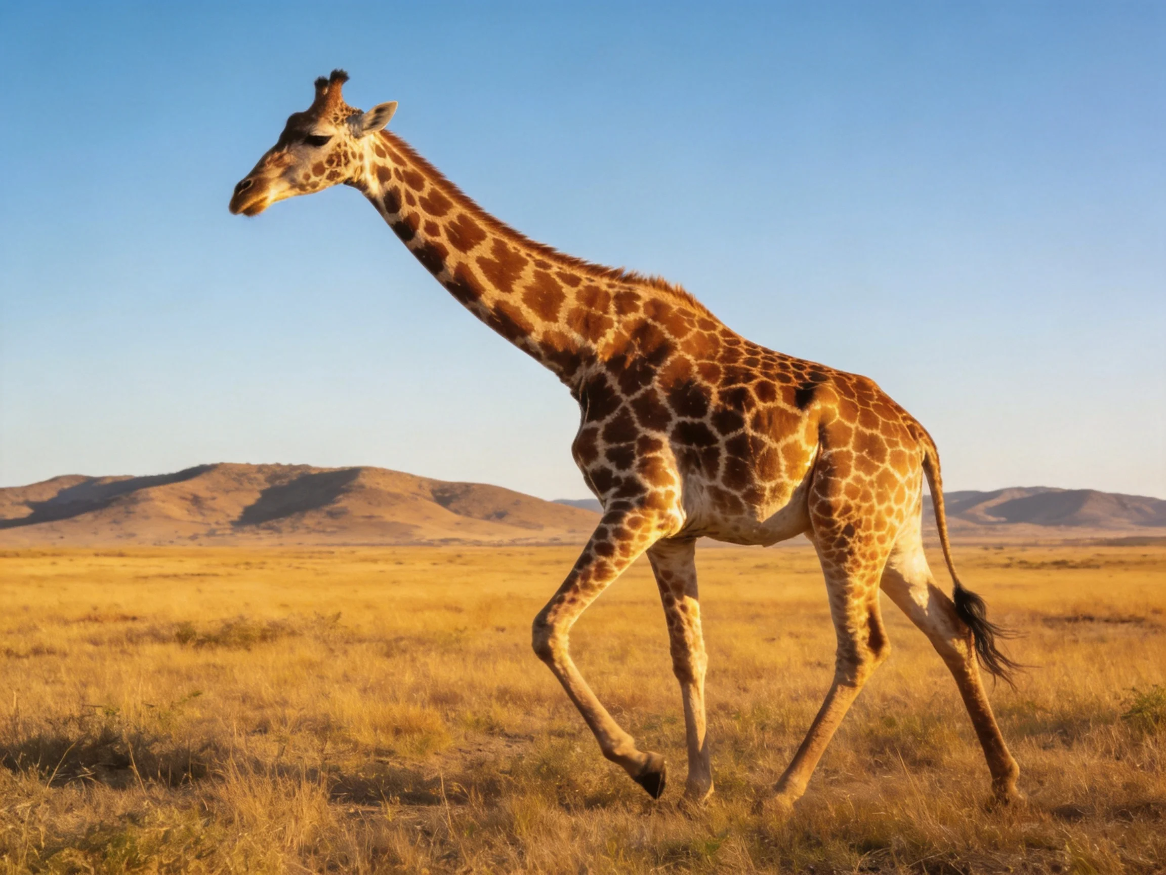 A single giraffe walking through golden savannah with distant brown hills
