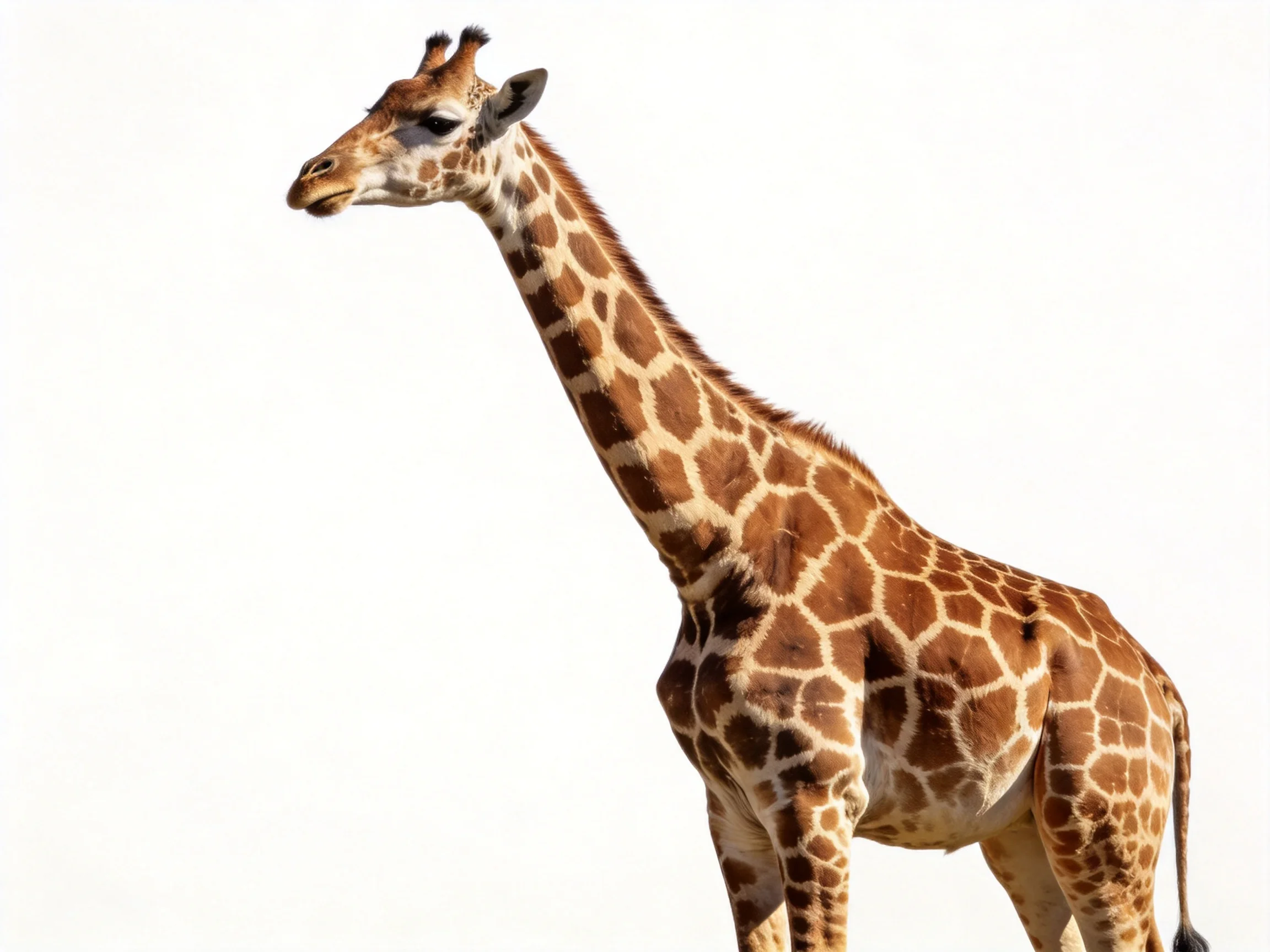 A single giraffe with brown and cream patches stands against a white background.
