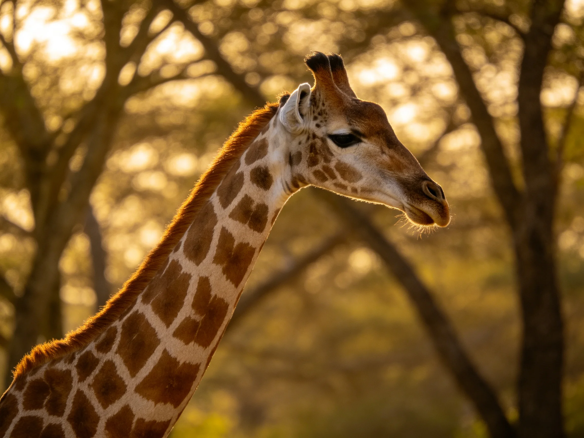 A giraffe with brown and white markings stands near sunlit trees.