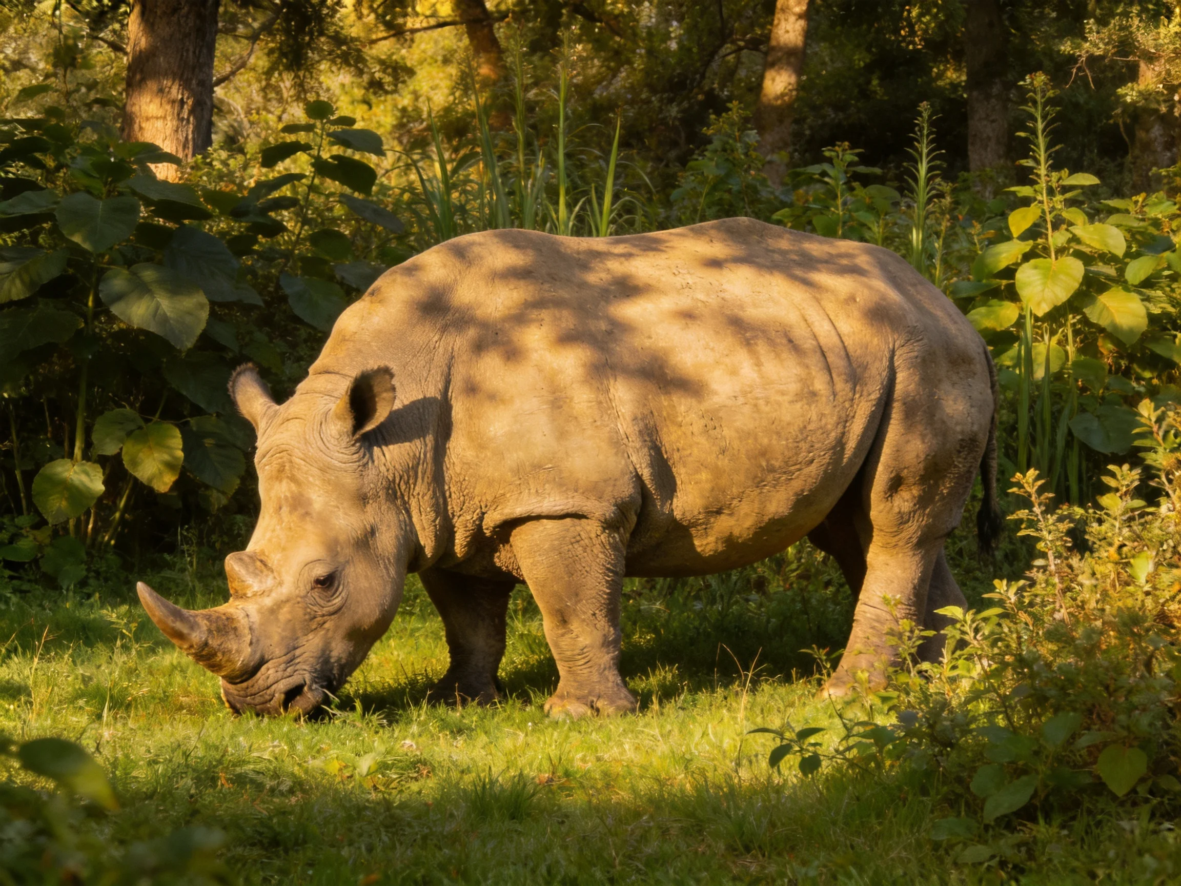 A single gray rhinoceros grazing in a verdant, sunlit forest