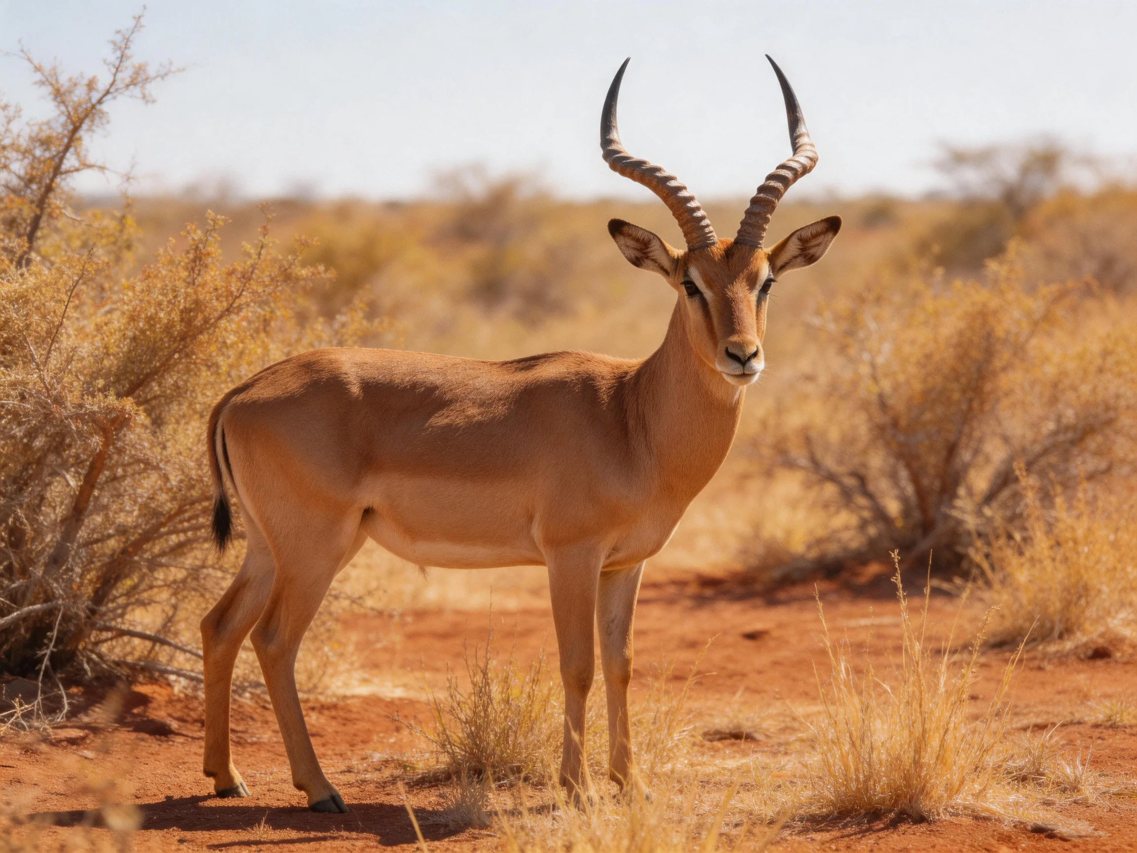 A single impala stands among golden shrubs on red earth