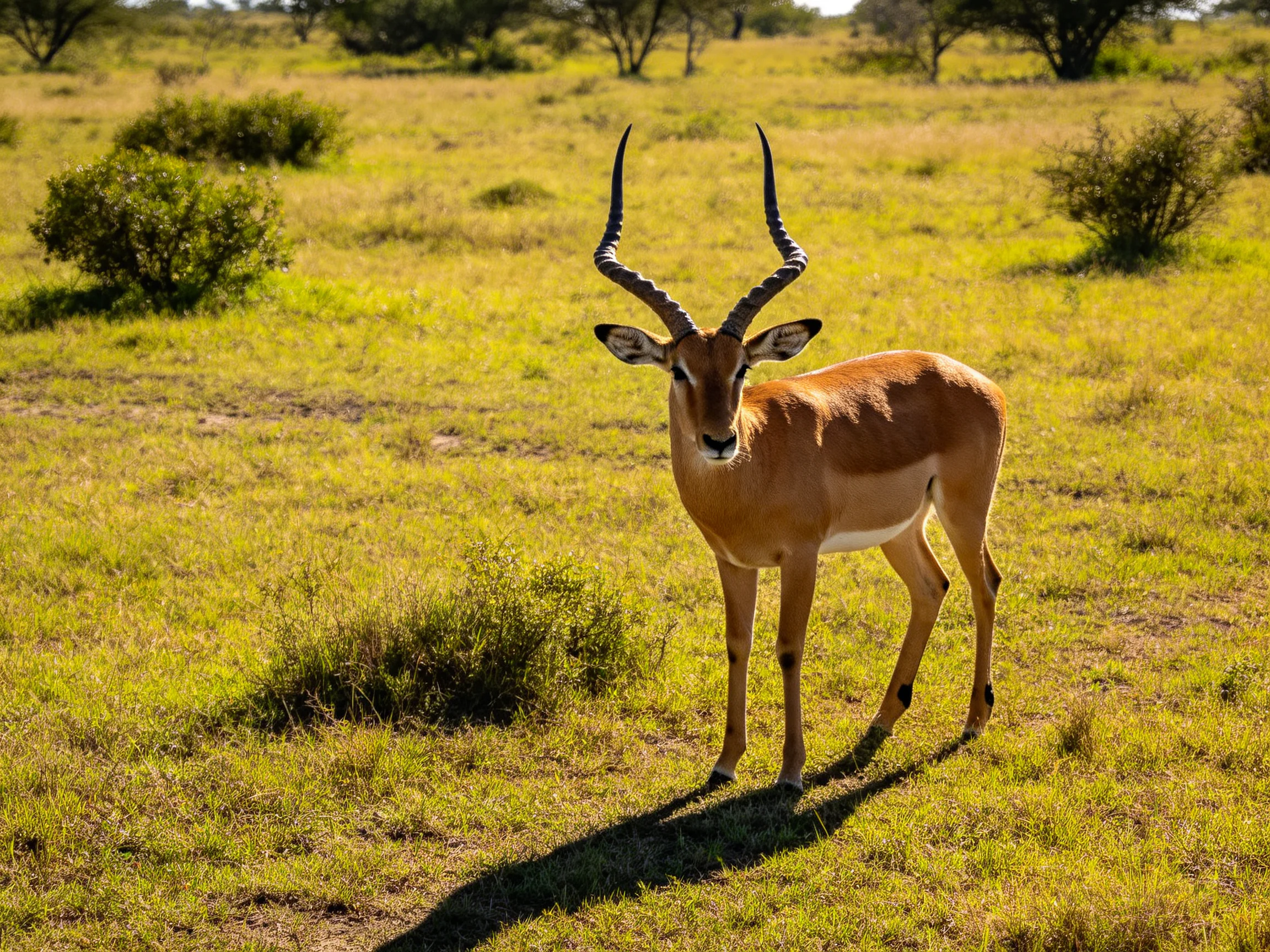 A single impala with curved horns in sun-drenched savannah grassland