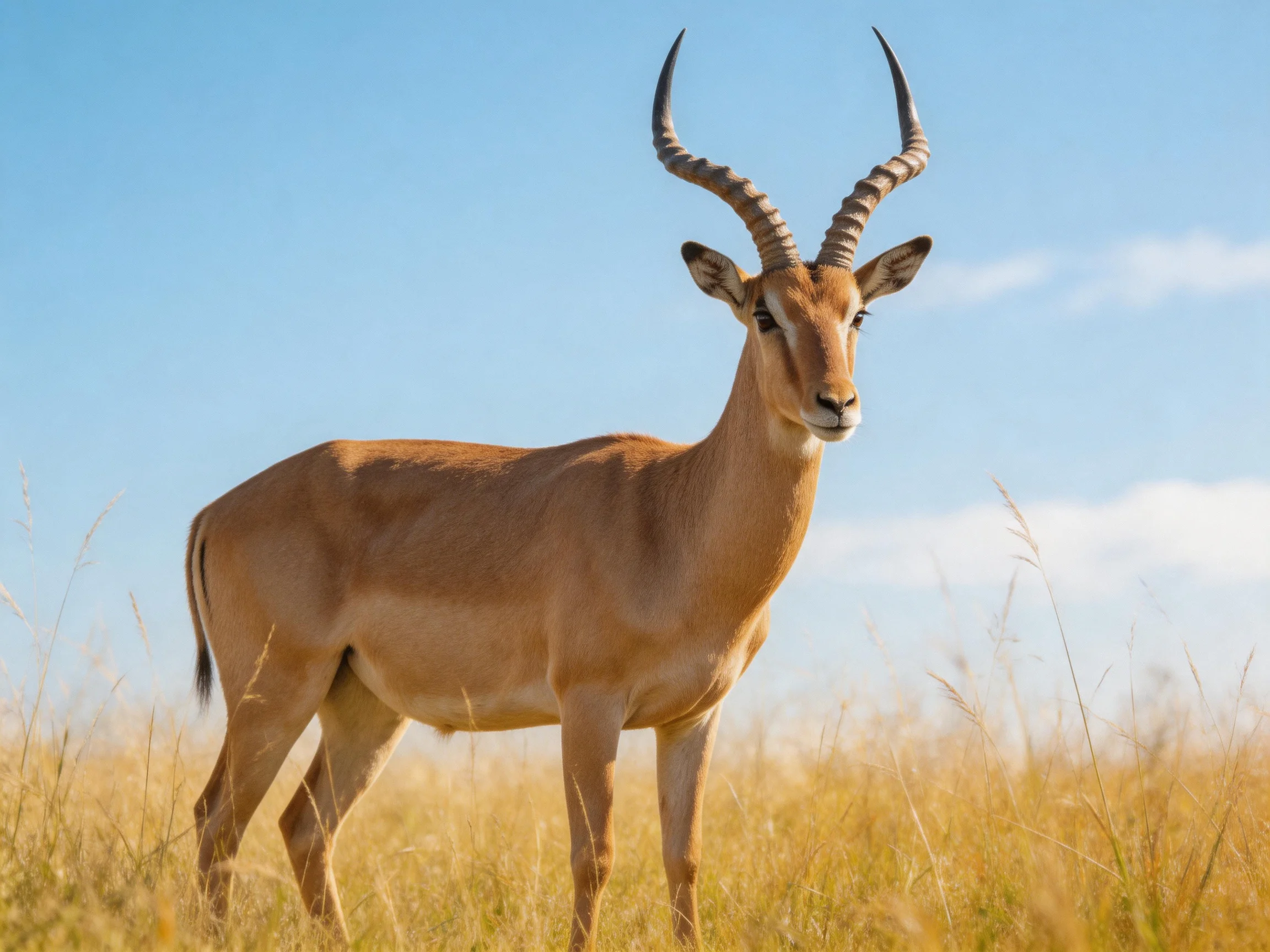 A single impala stands alert in golden savannah grass beneath a clear blue sky.