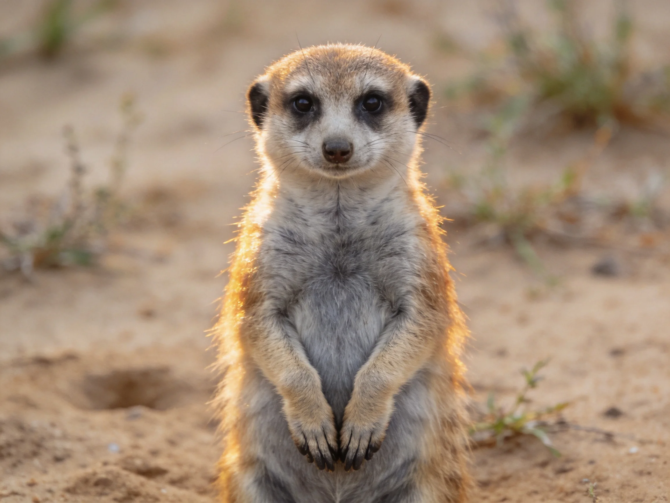 A single meerkat stands upright in a sunlit sandy terrain