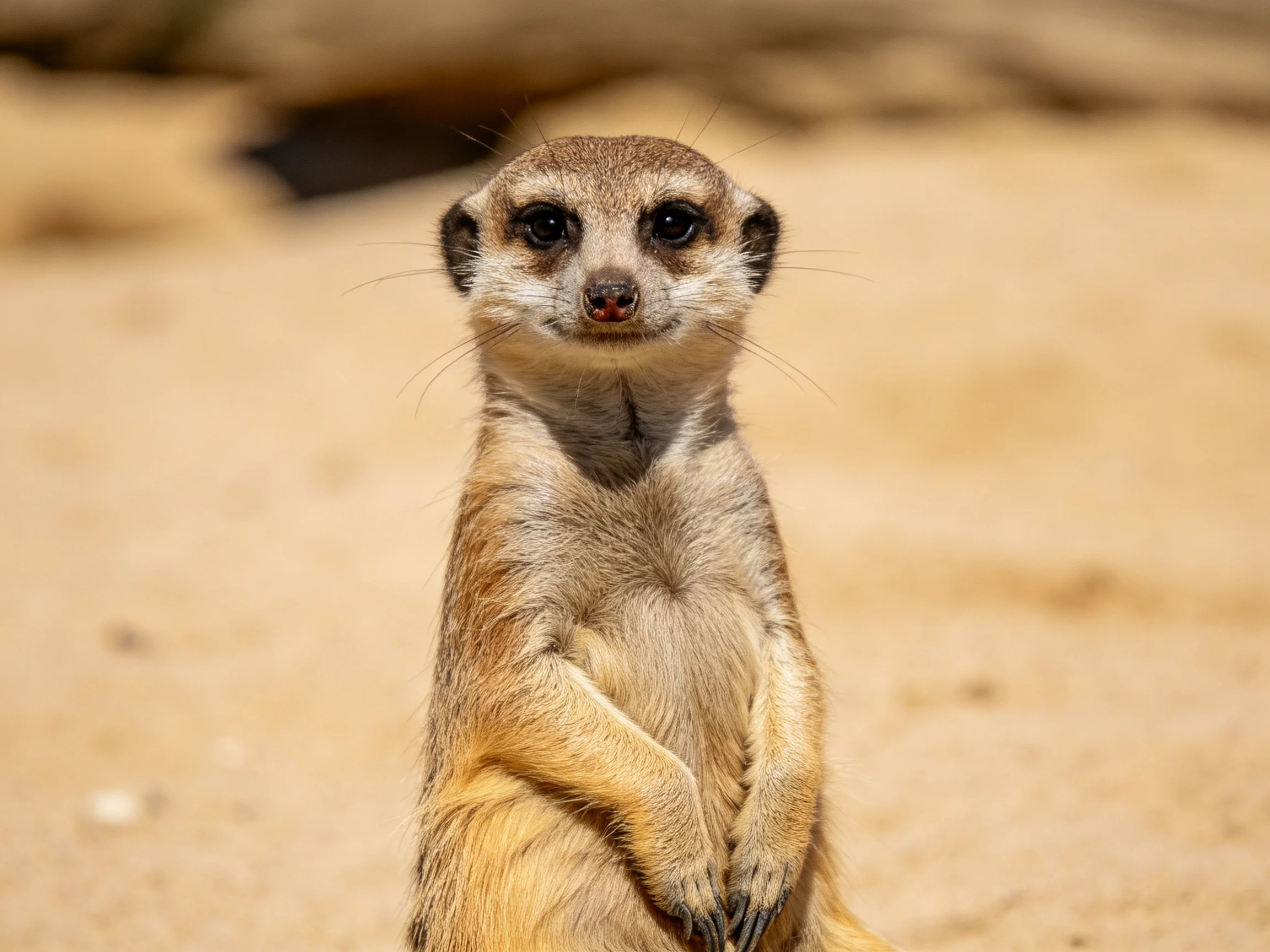 A single meerkat stands upright on sandy terrain