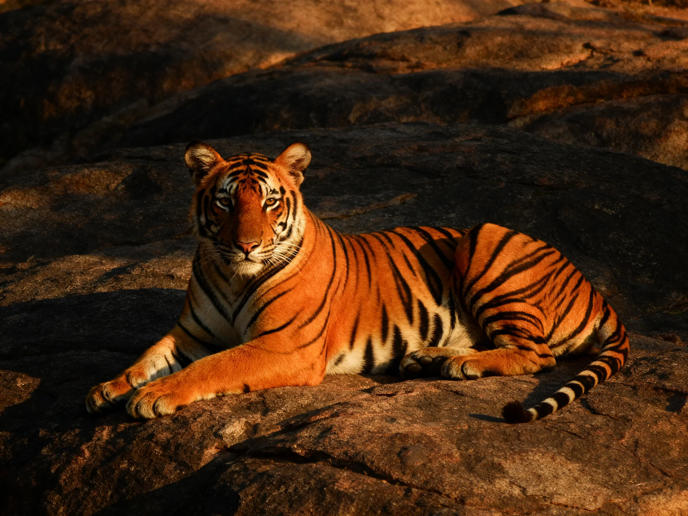 An orange tiger rests on rocky terrain.