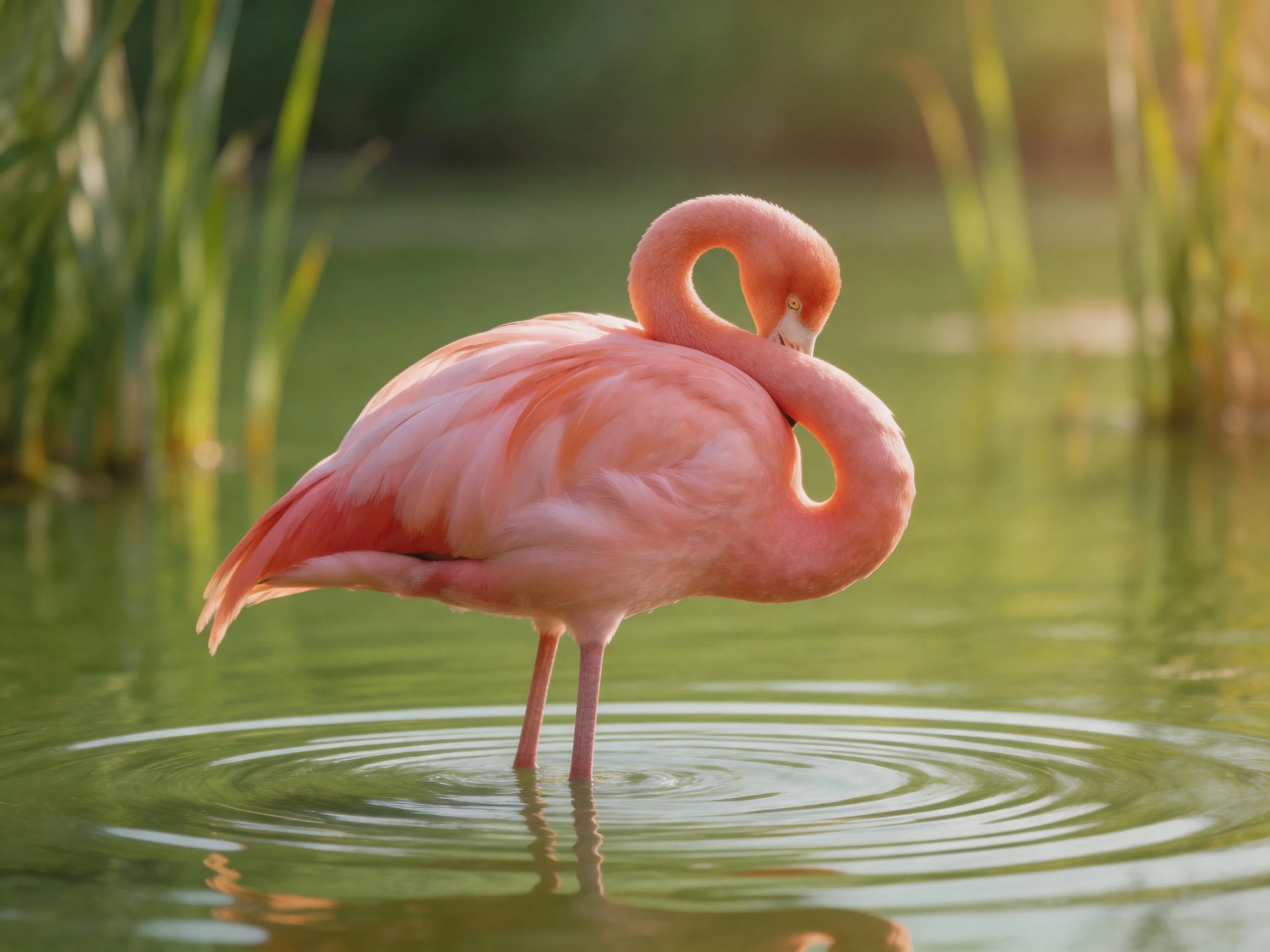 A pink flamingo preens while standing in calm water with tall reeds nearby.