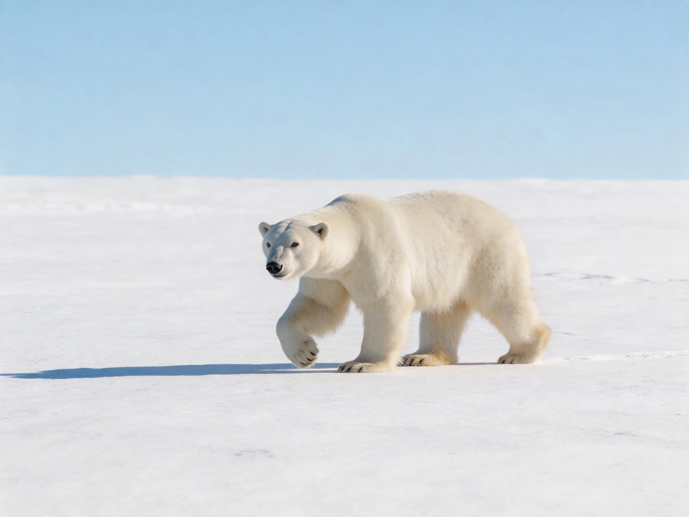 A single polar bear walking across a vast white snow-covered area with clear blue sky