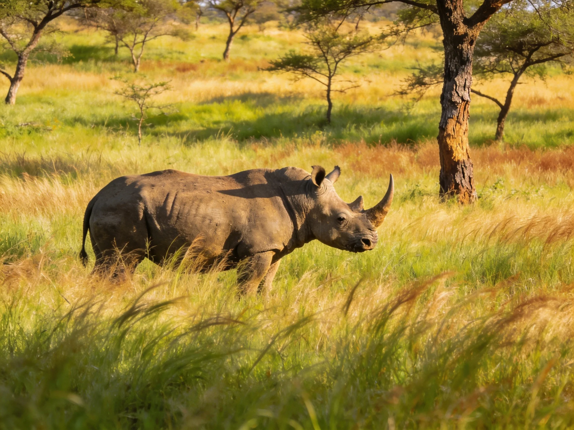 A single rhinoceros roams golden savannah grasslands