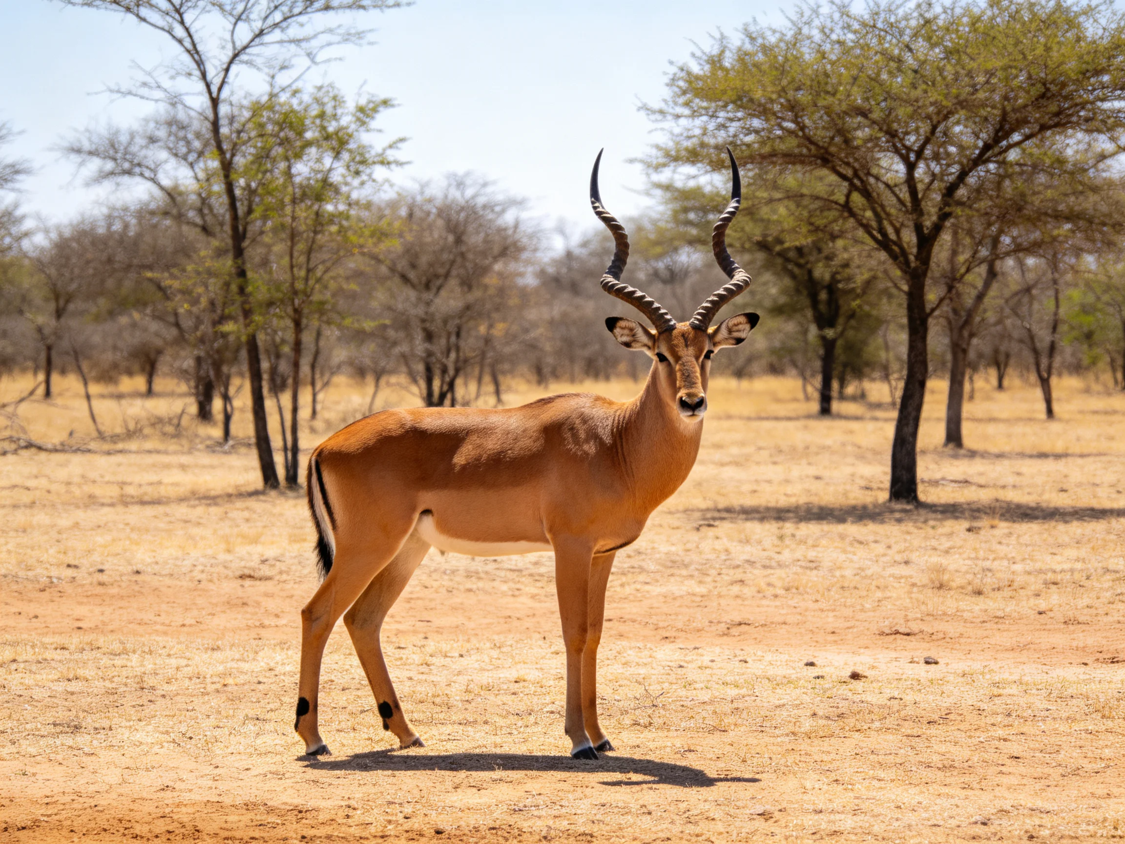 A single tan antelope with twisted horns in a dry savannah