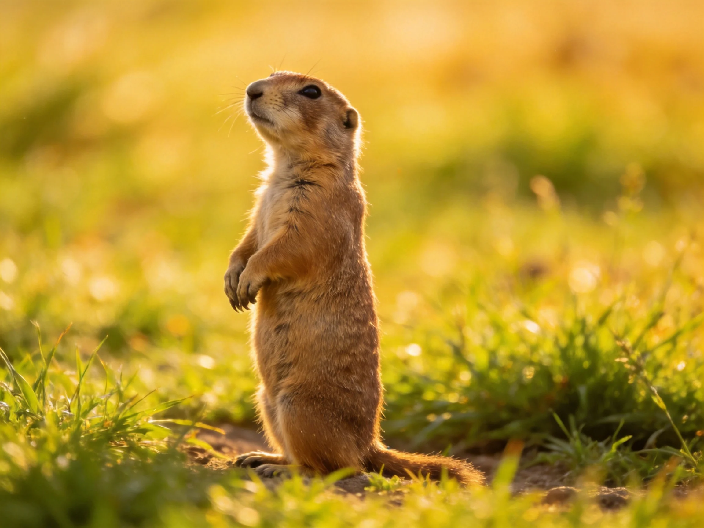 A single tan prairie dog stands alert in golden grass