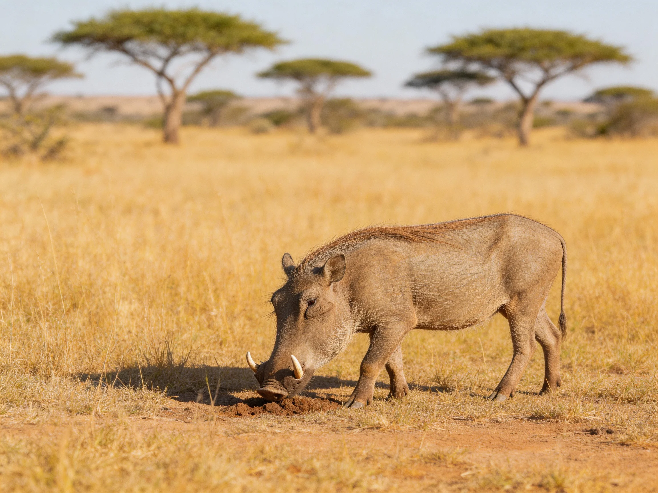 A single warthog forages in golden savannah terrain with acacia trees
