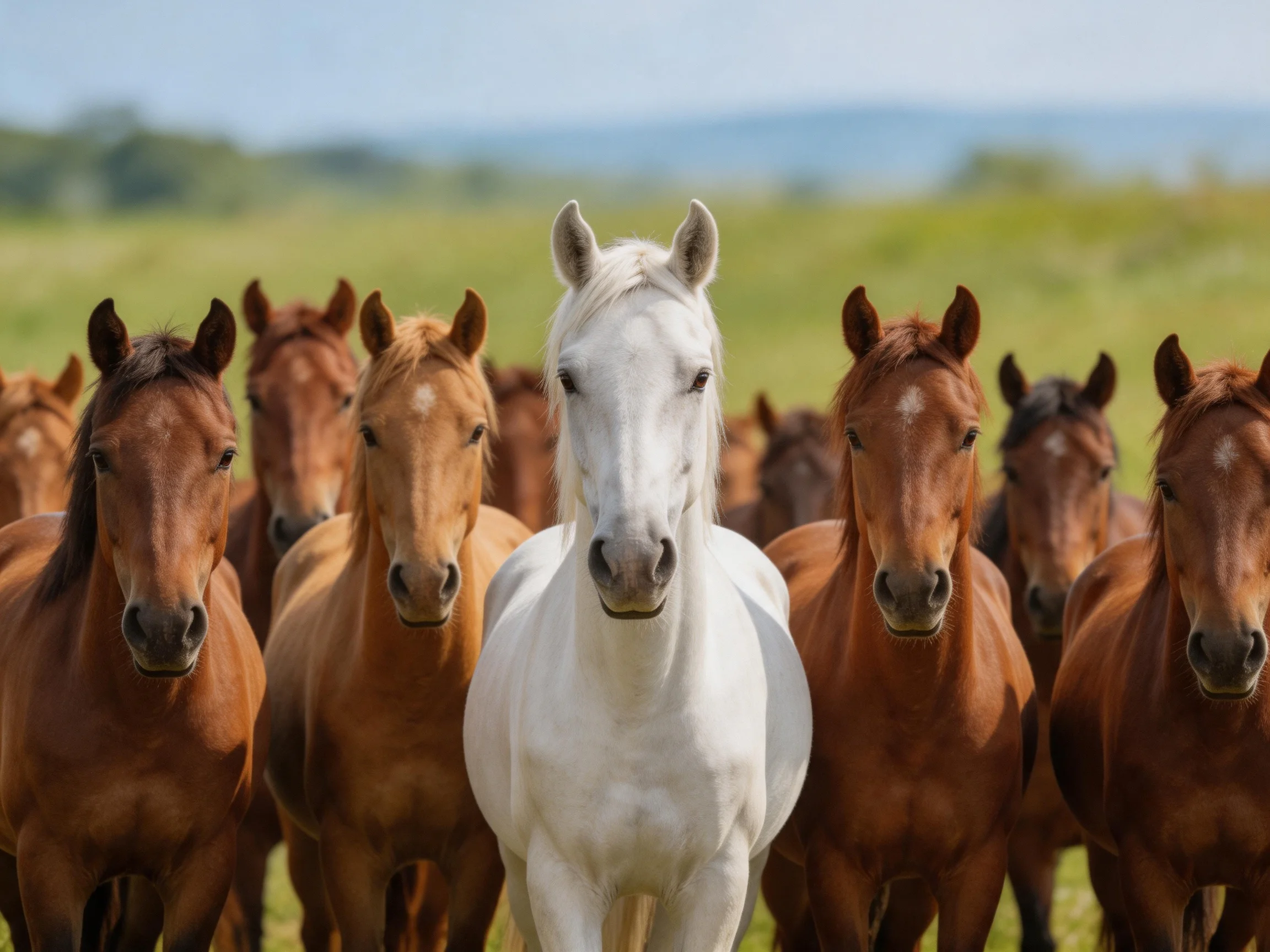 A group of brown horses surrounds a single white horse in a bright field.