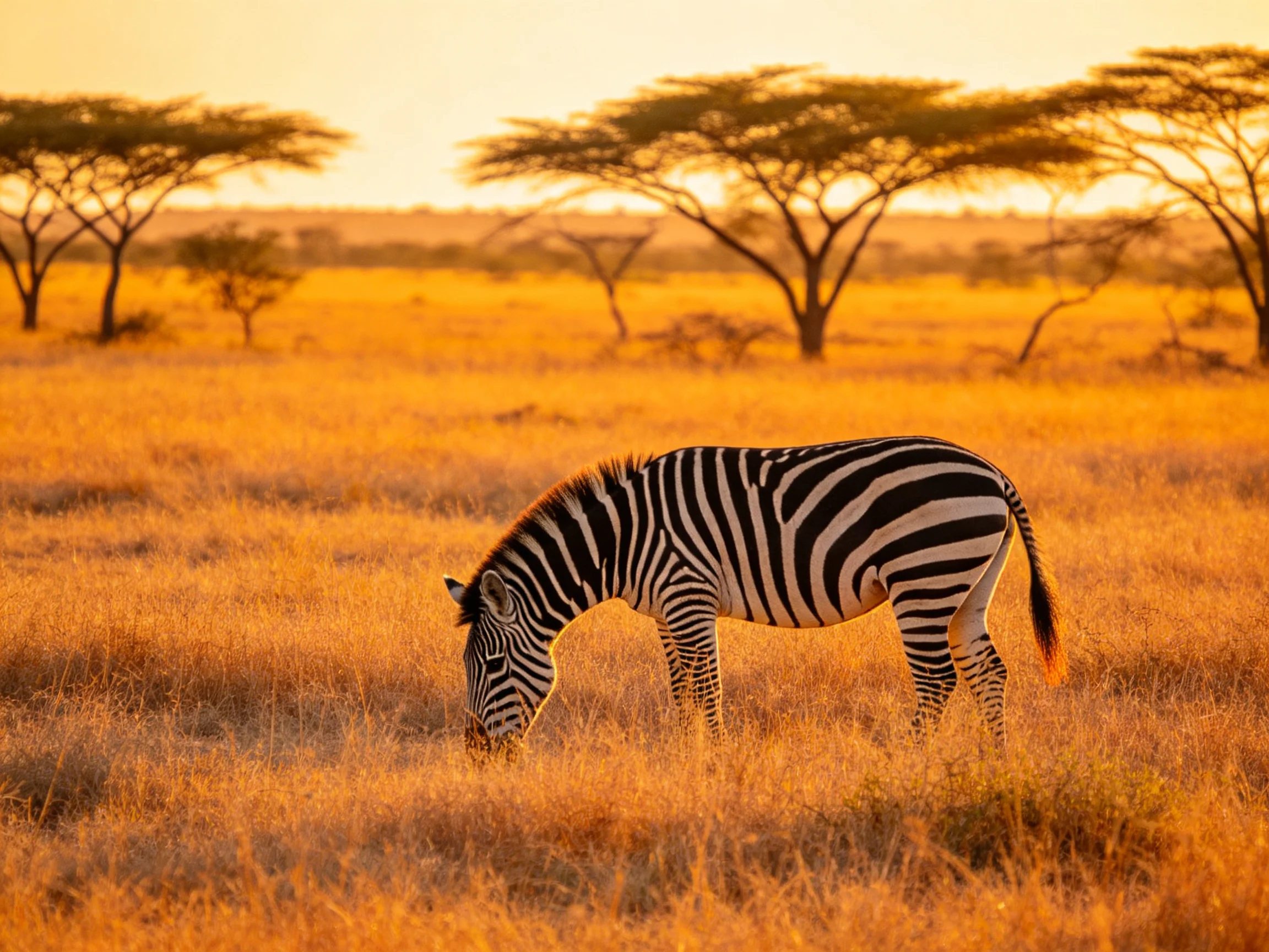 A single zebra grazes in a golden savannah with scattered acacia trees