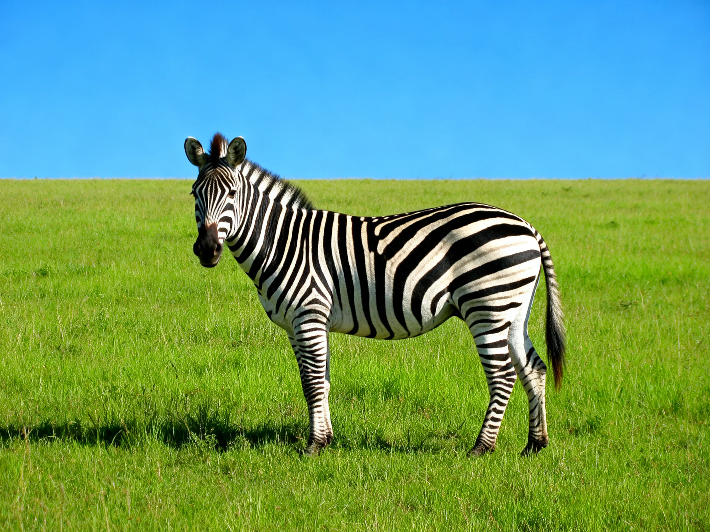 A zebra stands alone in a bright green meadow under a clear blue sky.