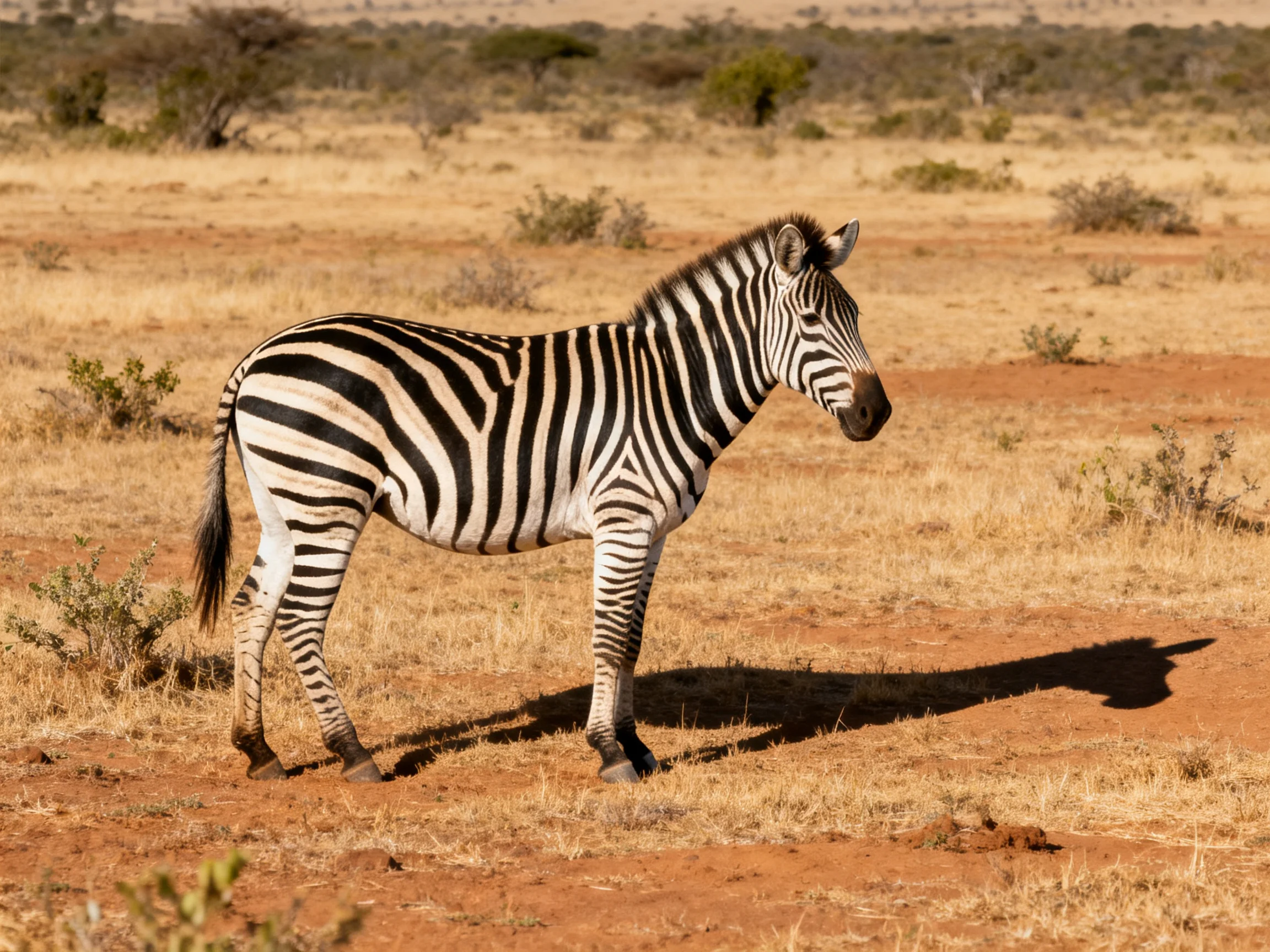 A single zebra with black-and-white stripes in a dry savannah