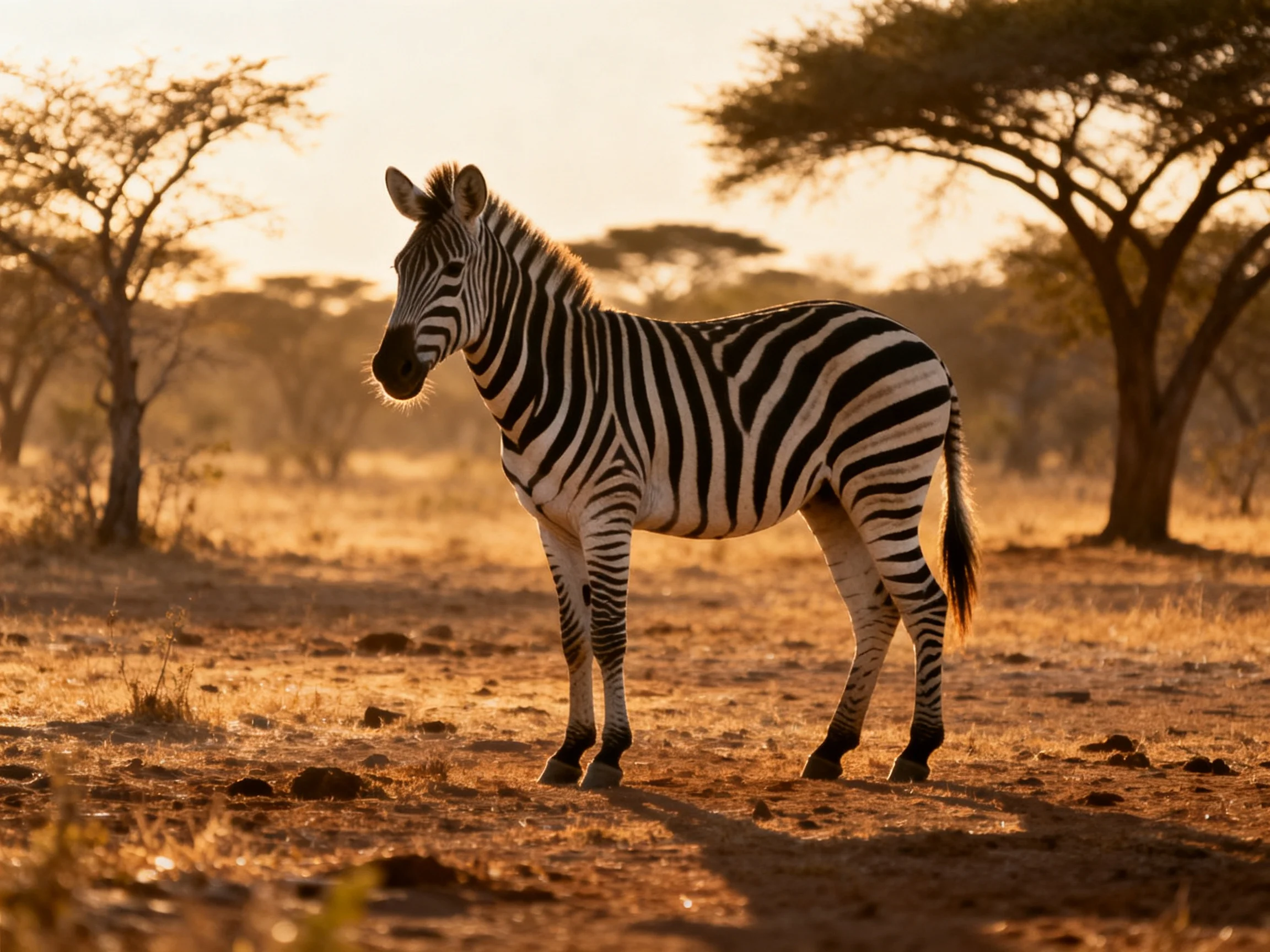 A single zebra with black-and-white stripes in a sunlit savannah