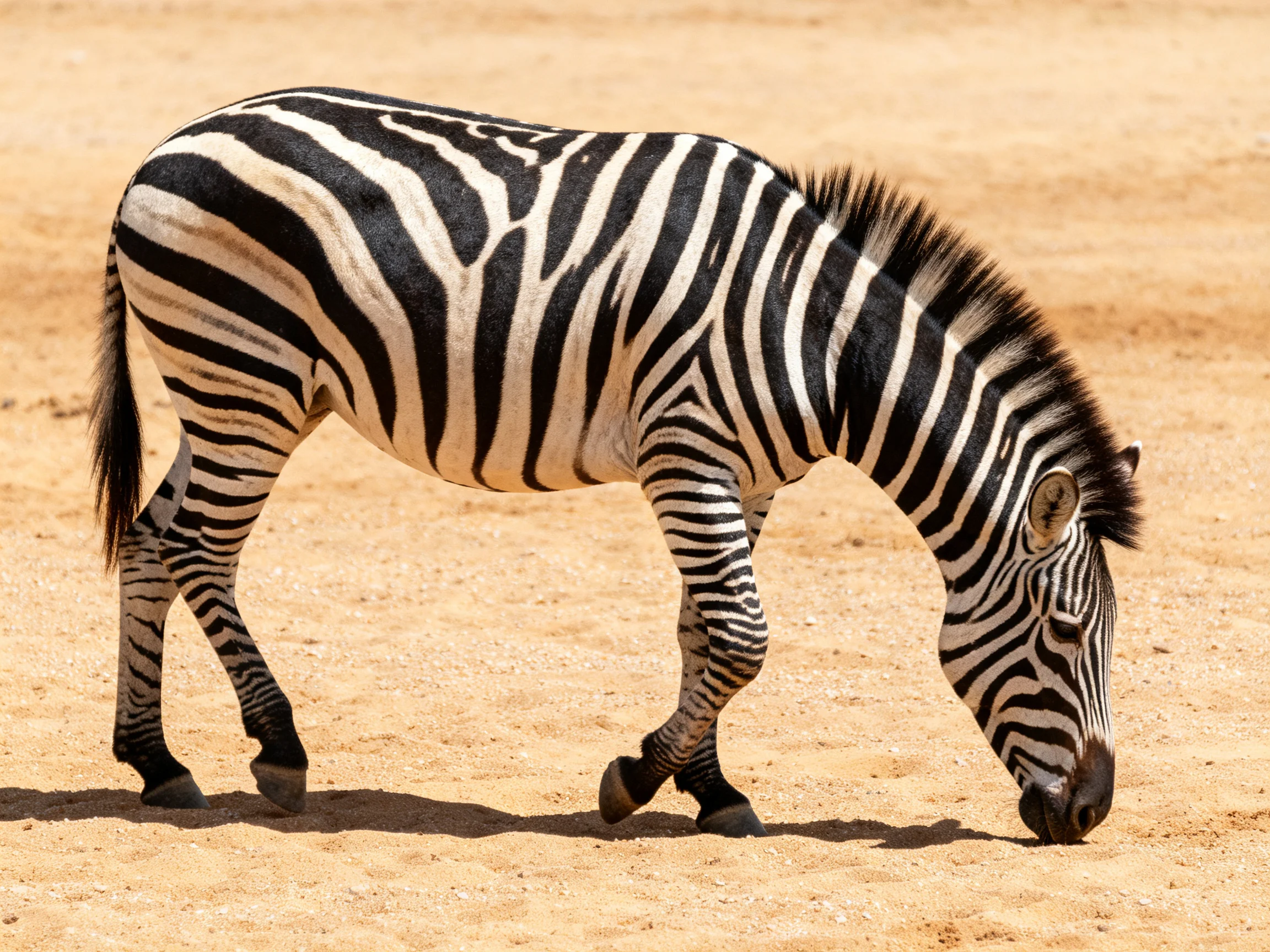 A zebra with striking black-and-white stripes feeds on sandy ground.