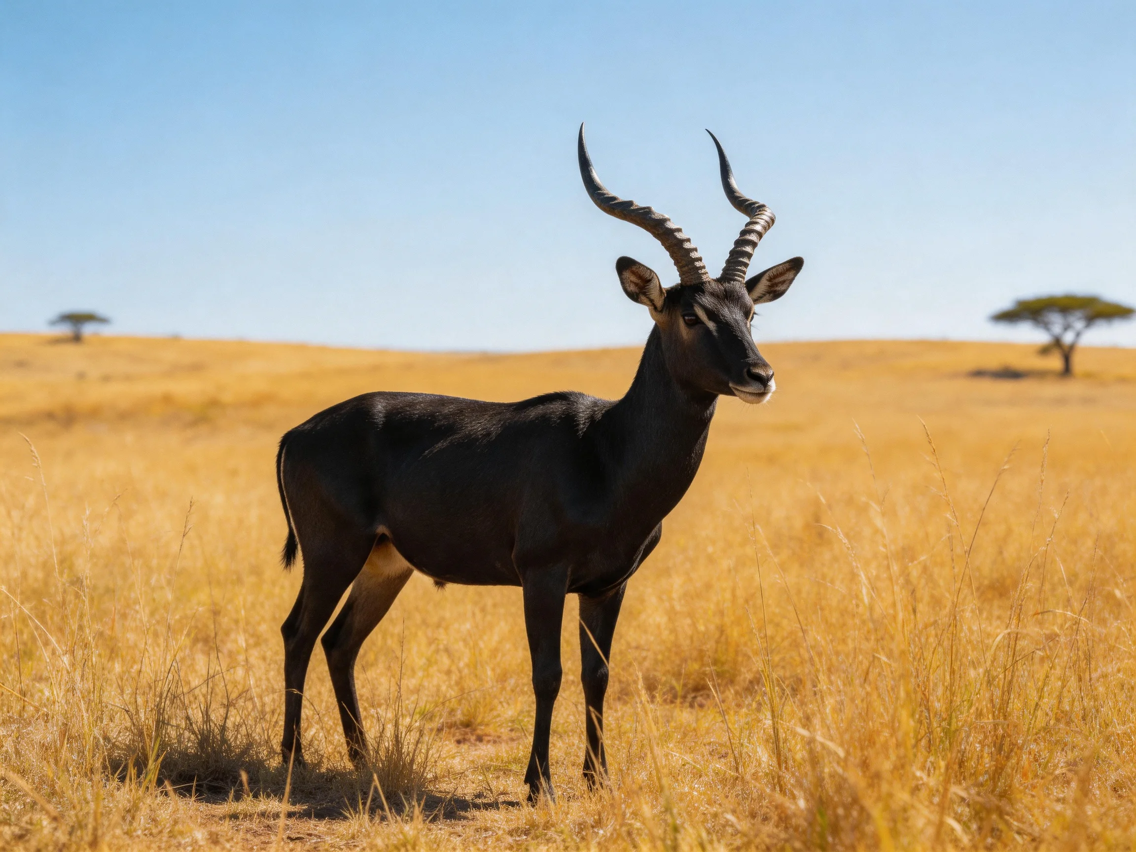 A sleek black antelope stands in golden savannah with distant acacia trees