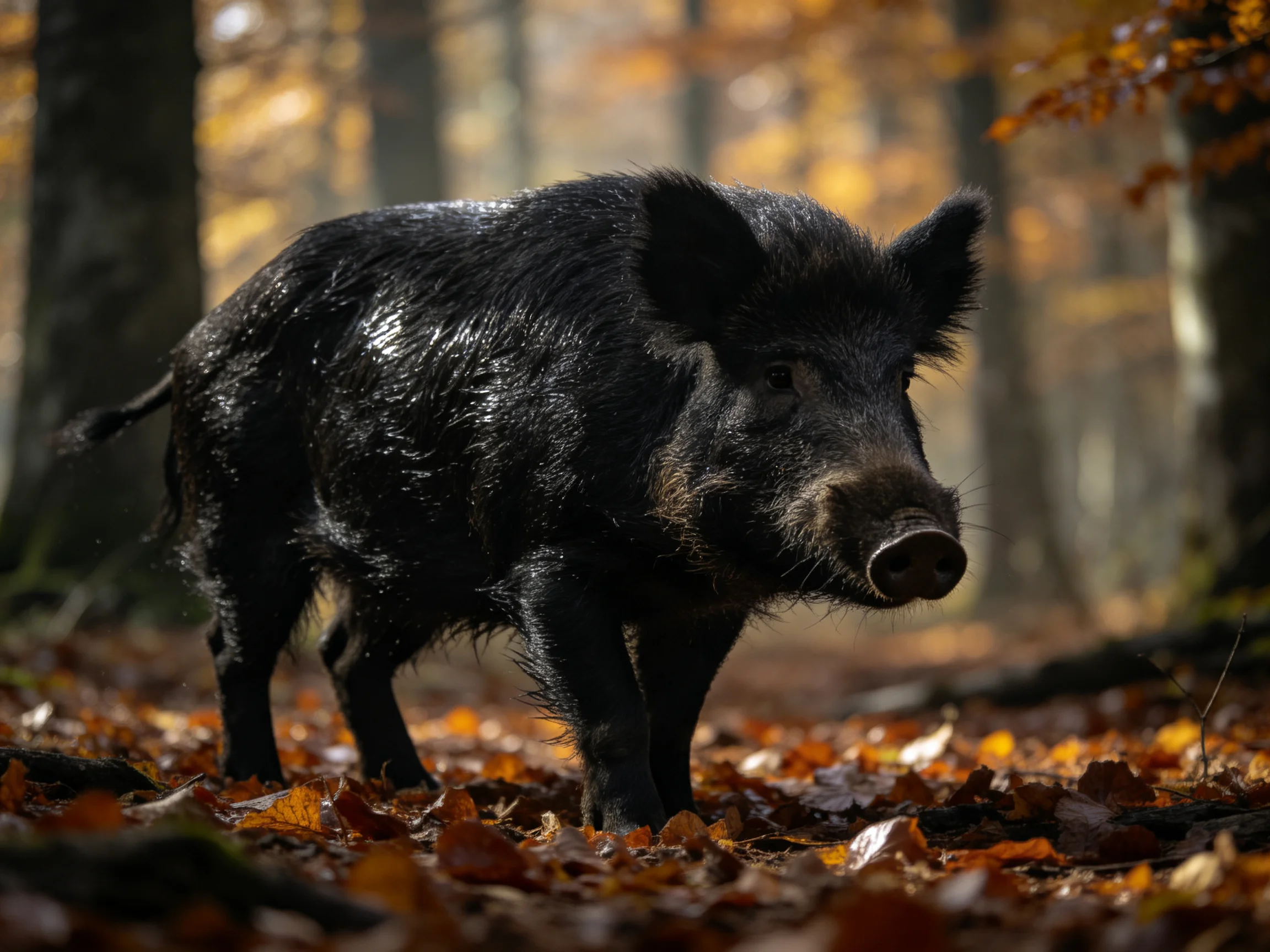 A sleek black boar roams an autumn forest floor with golden foliage