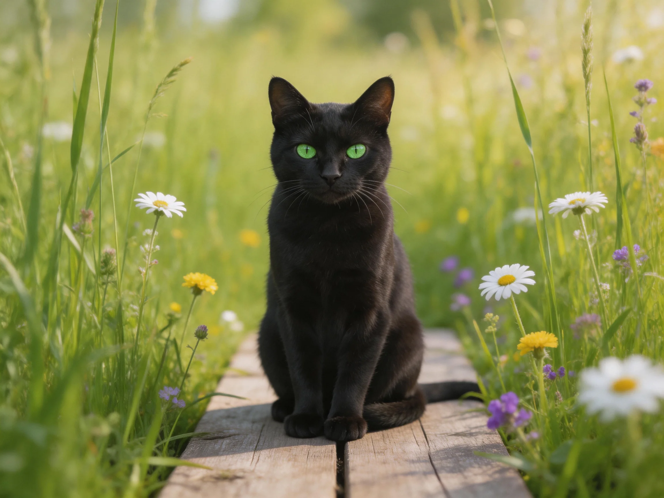 A black cat with green eyes sits on a wooden plank in a sunlit meadow.