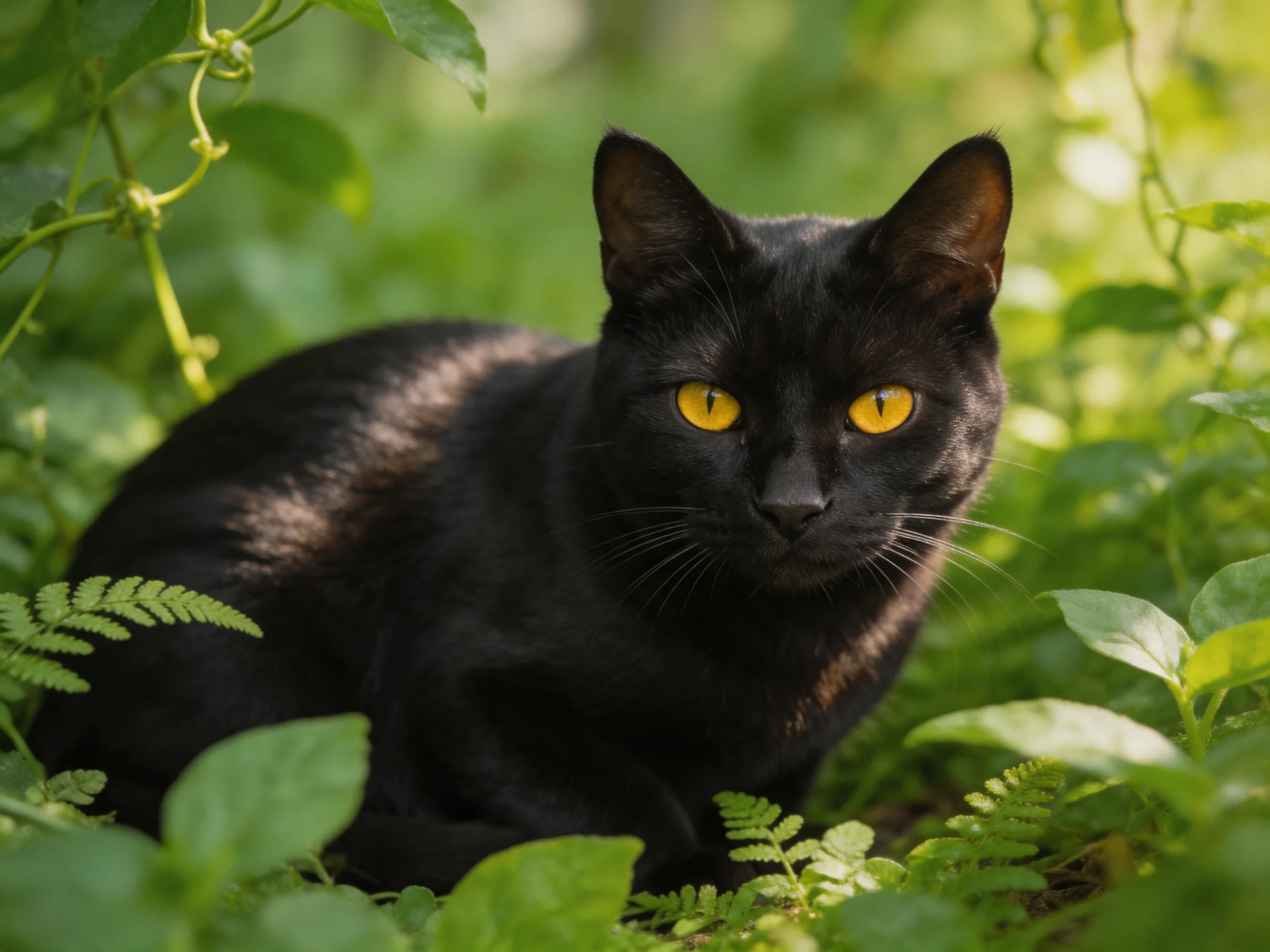 A black cat with yellow eyes sits amid dense green plants.
