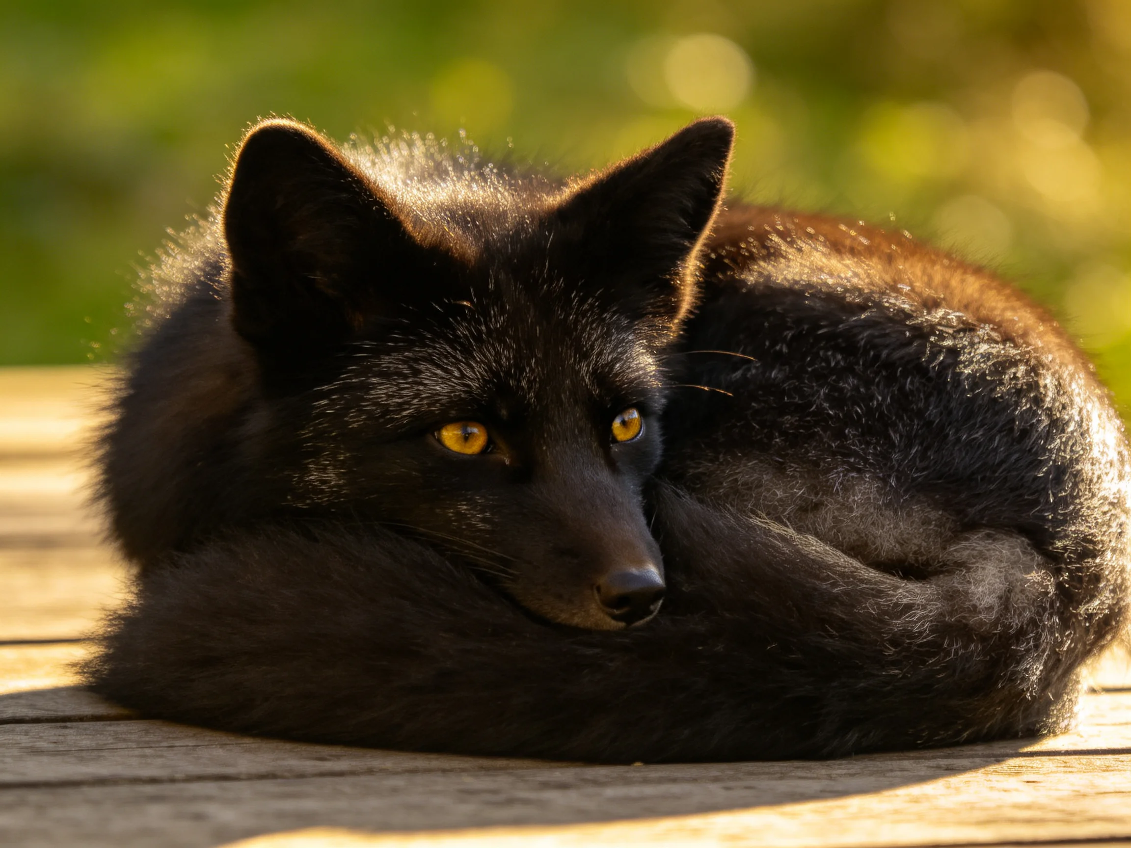 A black fox curls up on a wooden surface in bright sunlight.