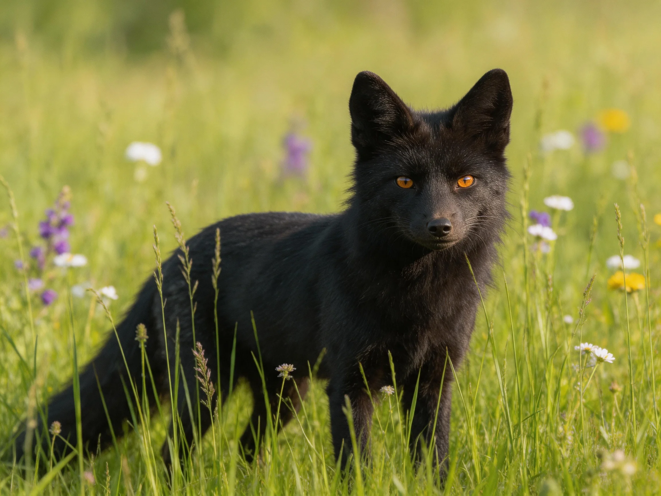 A sleek black fox stands among tall grass and colorful wildflowers