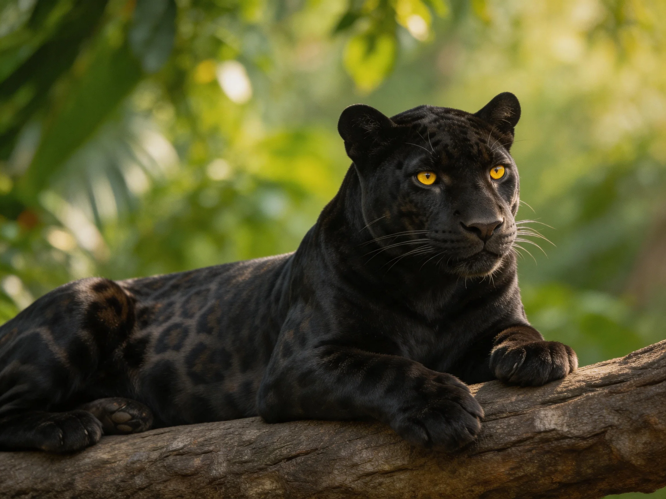 A sleek black jaguar rests on a gnarled tree branch amid lush greenery