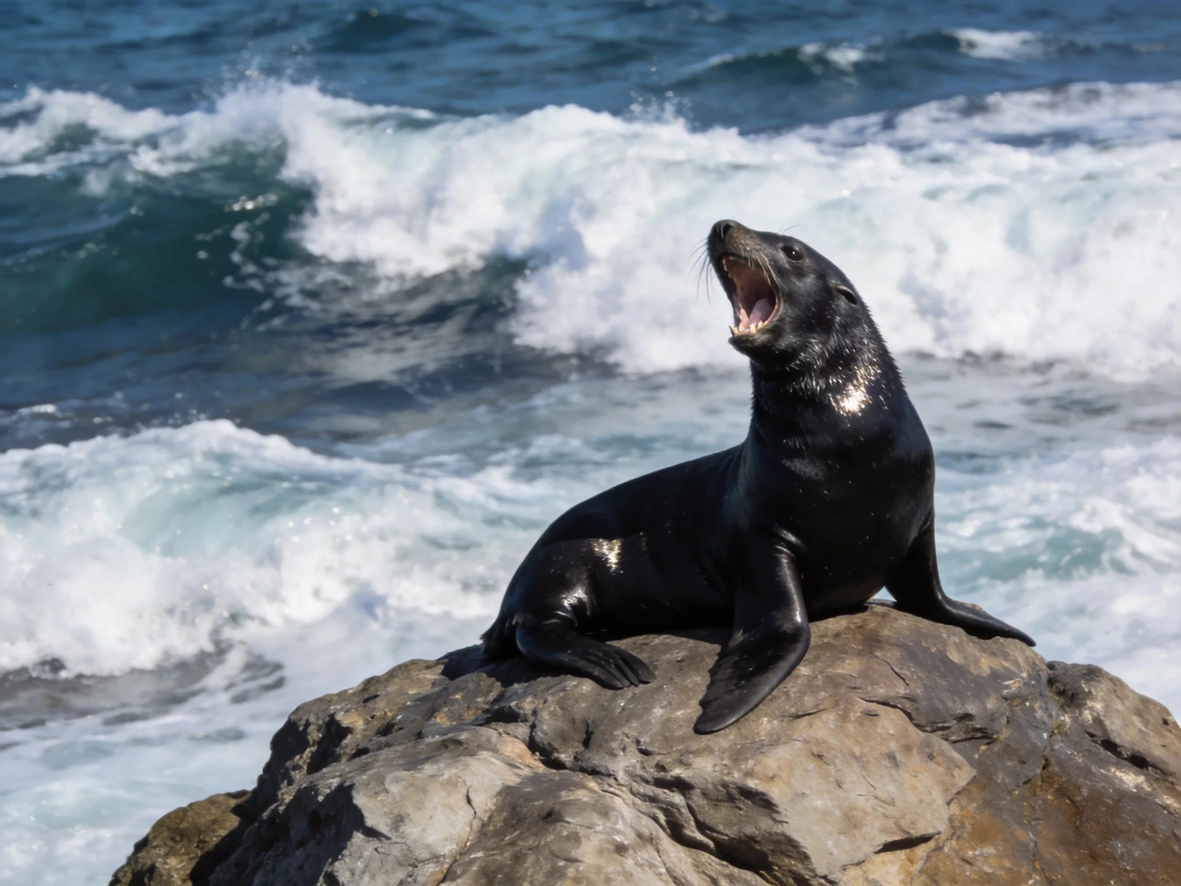 A sleek black sea lion rests on a rocky outcrop near crashing waves