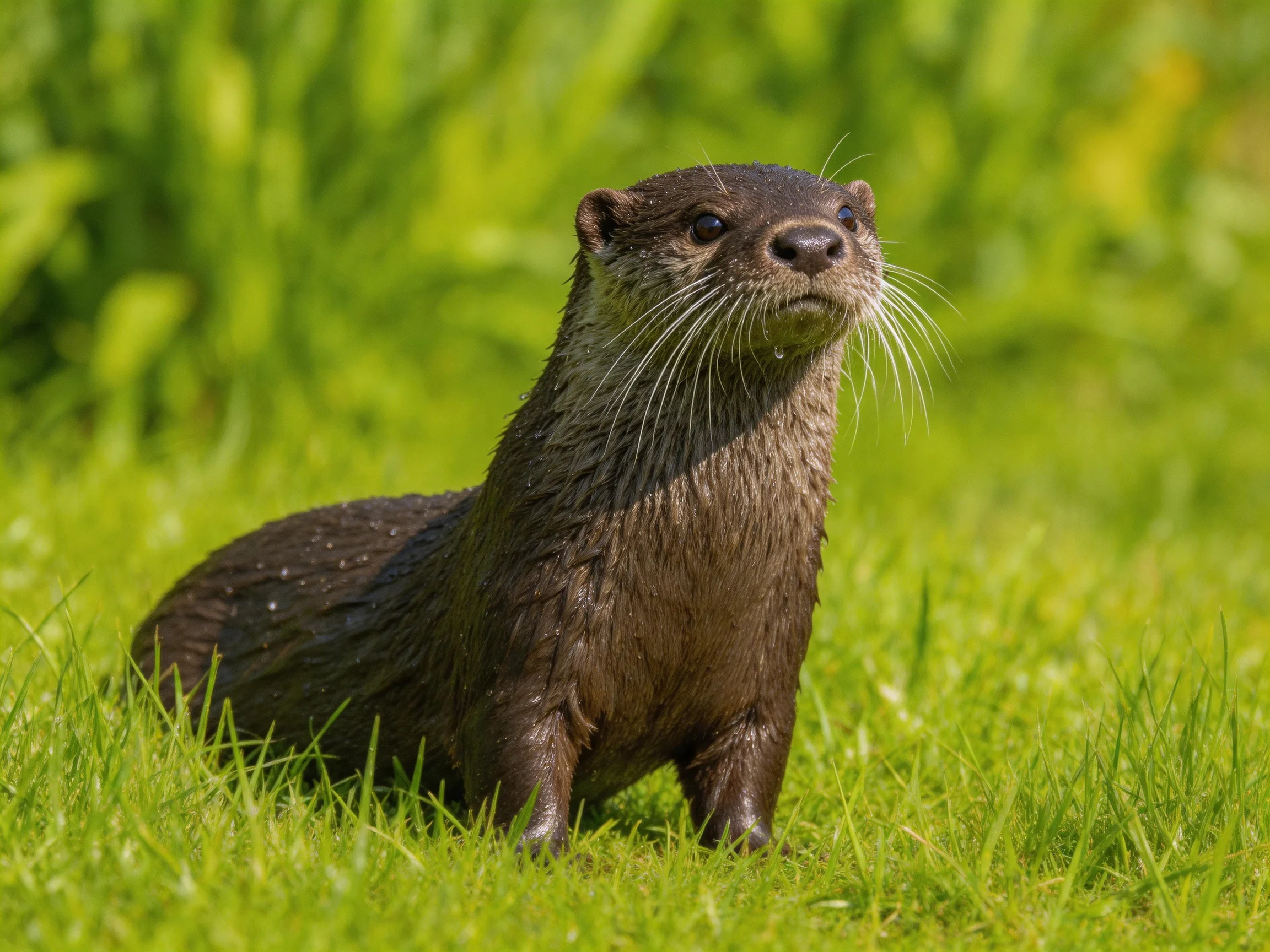 An otter stands in a sunlit patch of lush green grass.